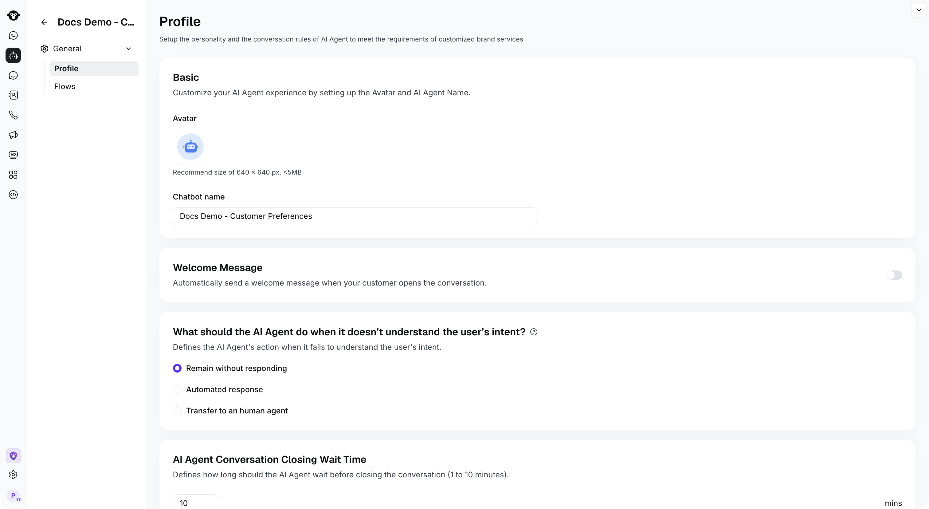 Demo rule-based agent profile with name, welcome-message, and fallback settings.