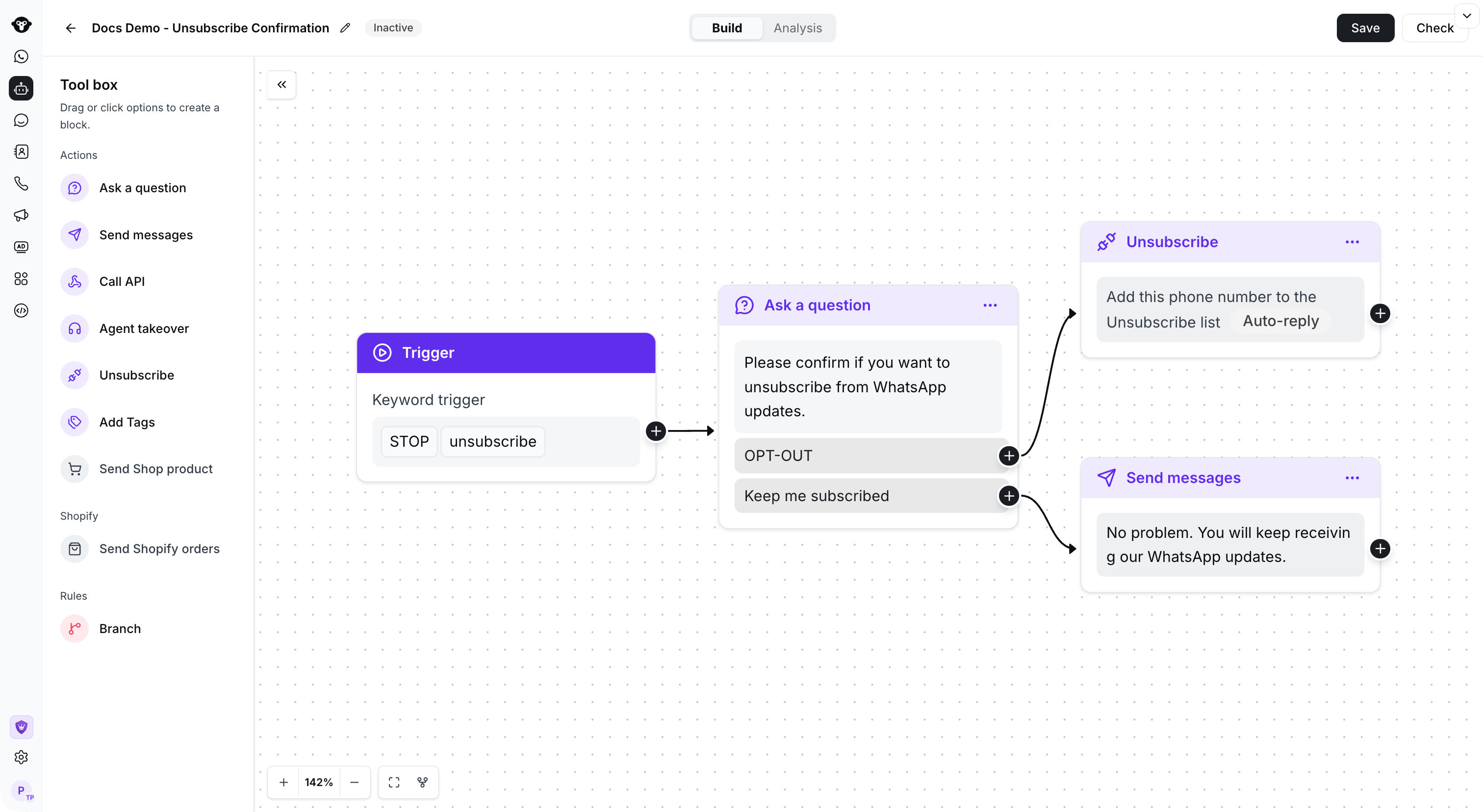 Saved inactive rule flow with a trigger and two connected response branches.