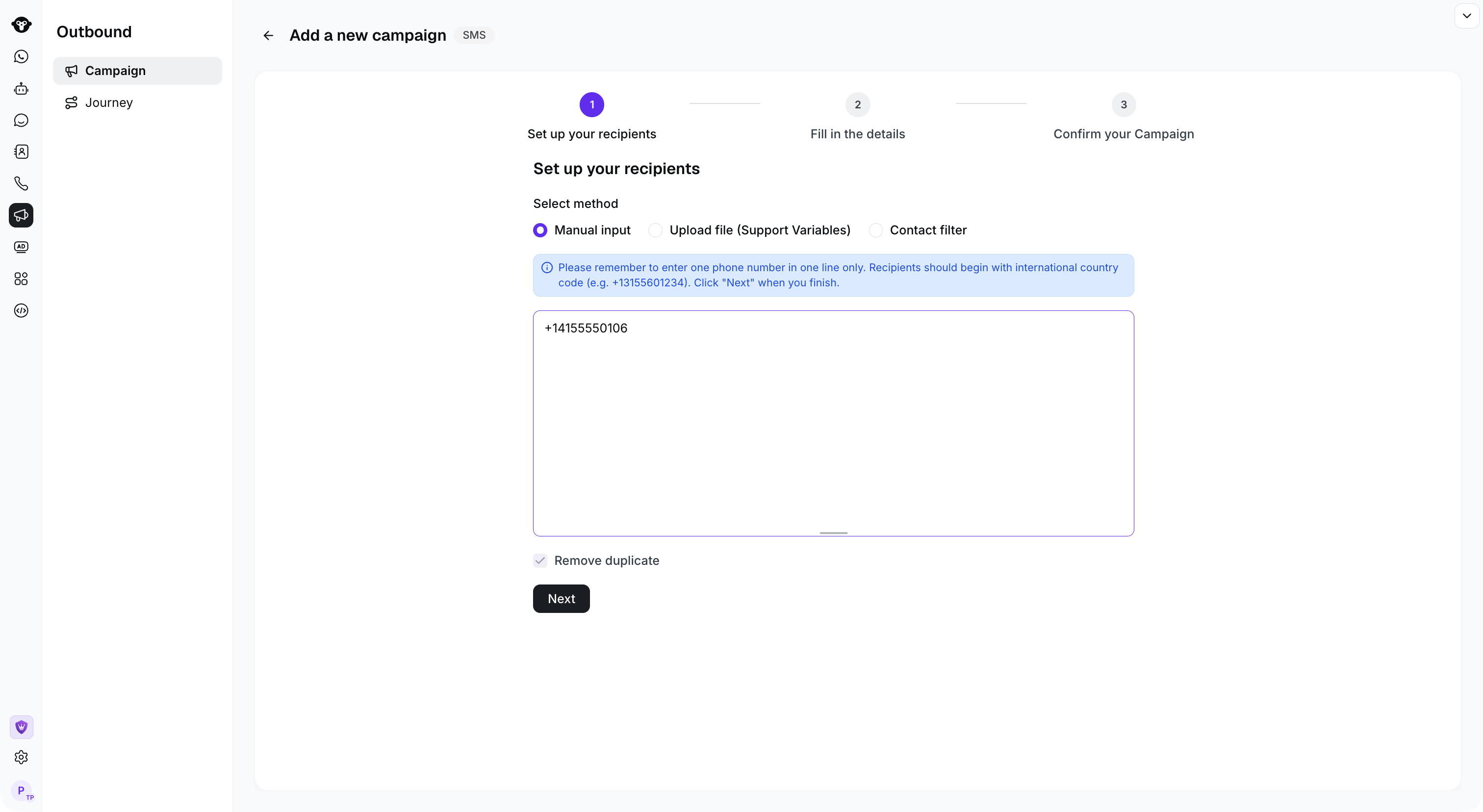 Introducción manual de destinatarios de SMS con un número de ejemplo ficticio