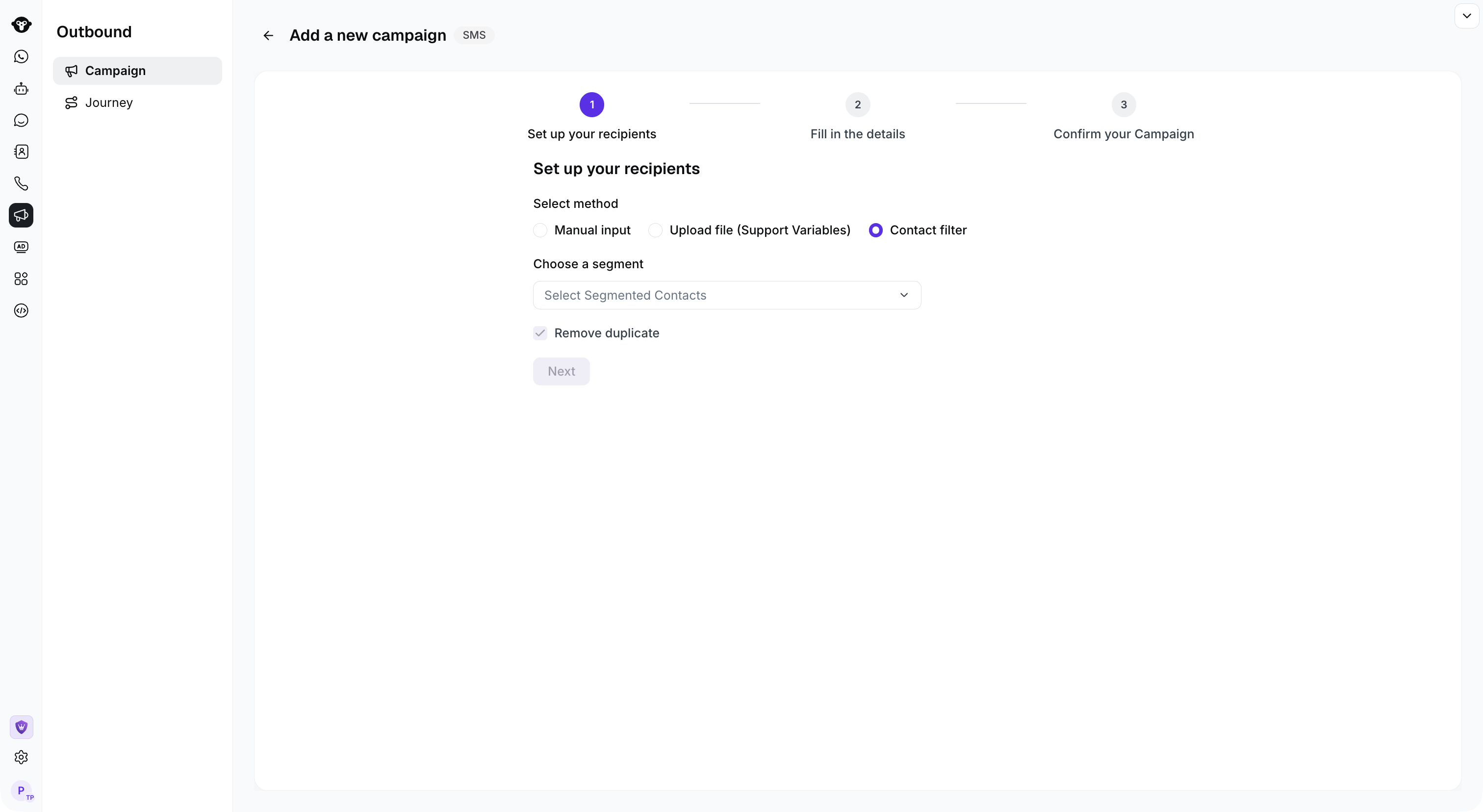 Seletor de segmento de contatos para SMS