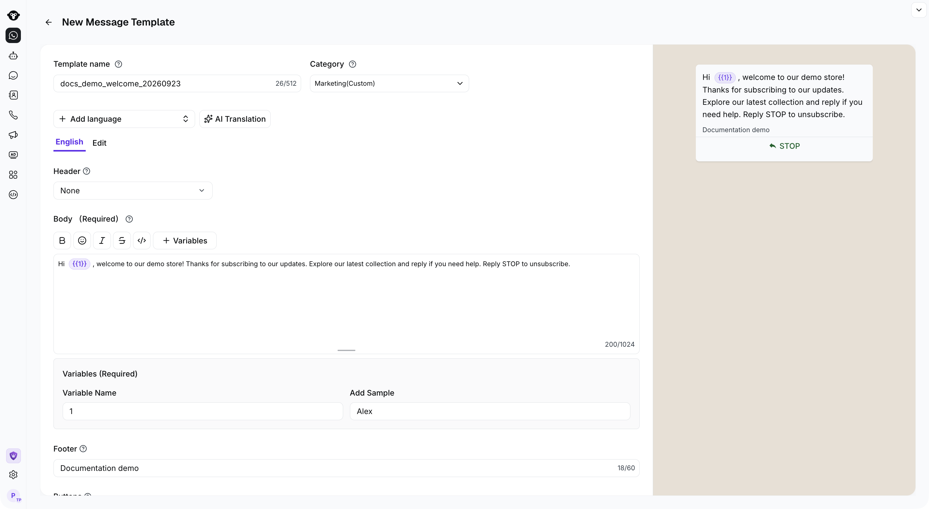 English marketing template editor with a body variable, sample Alex, and customer preview.