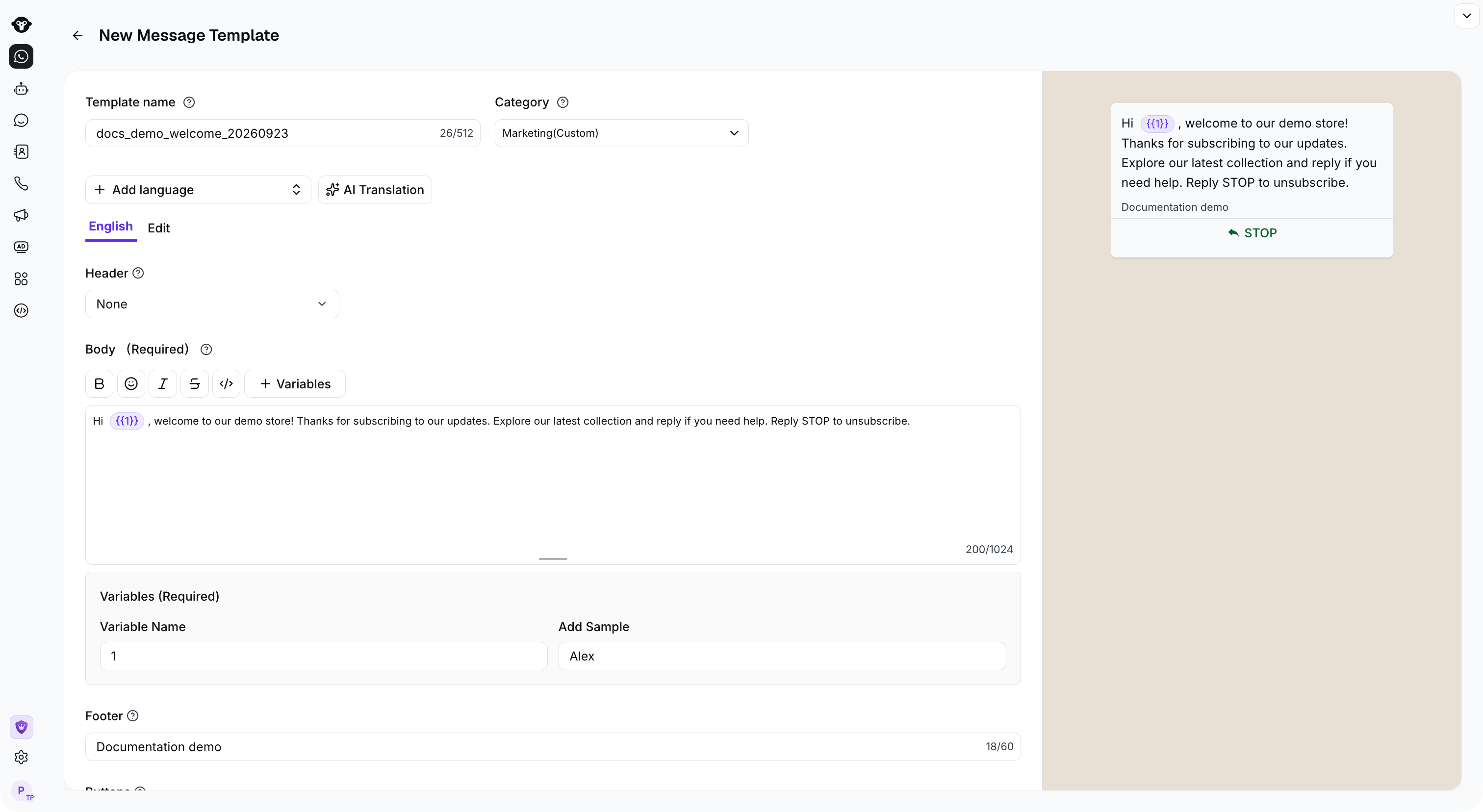 English marketing template editor with a body variable, sample Alex, and customer preview.