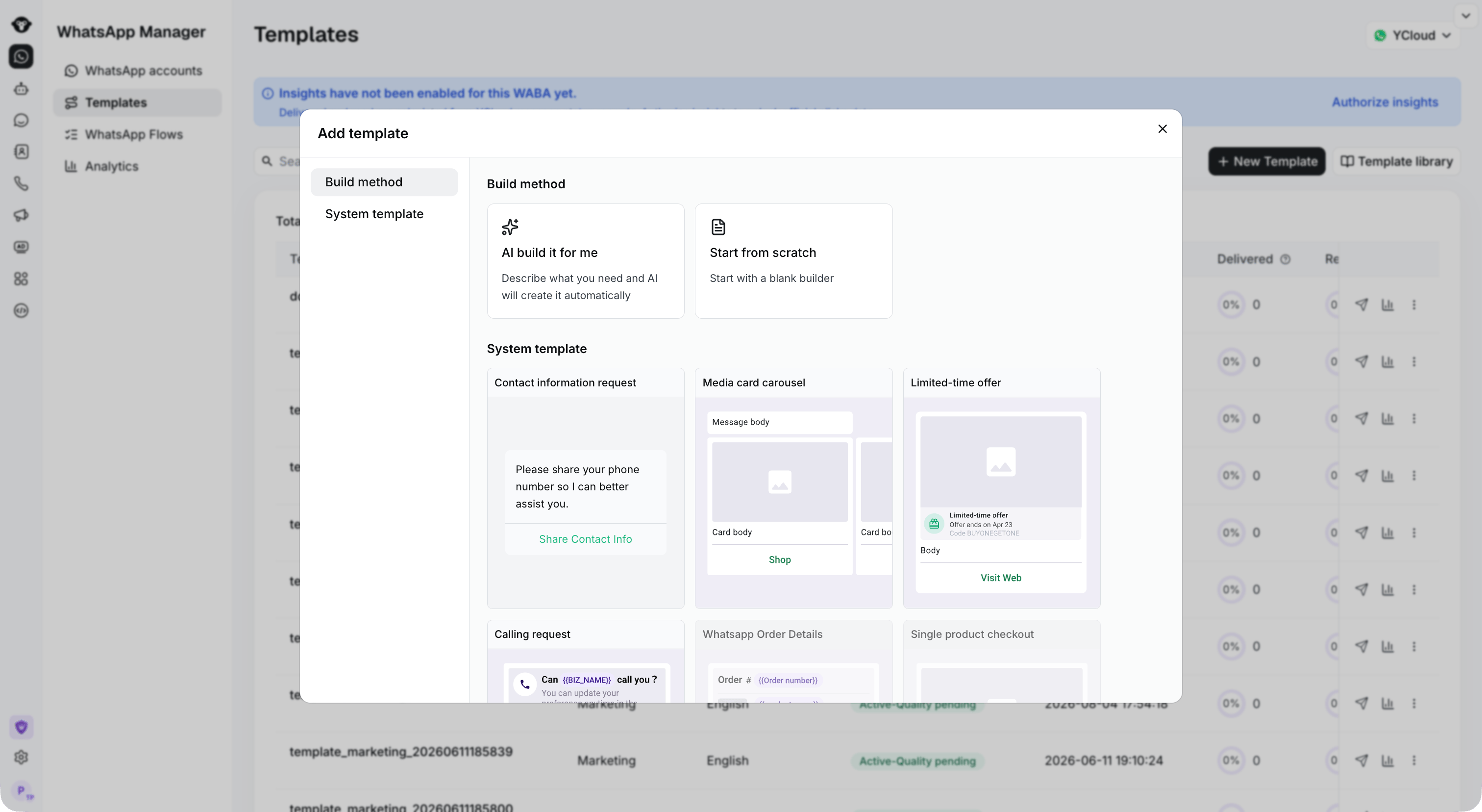 Marketing template selector with Media card carousel