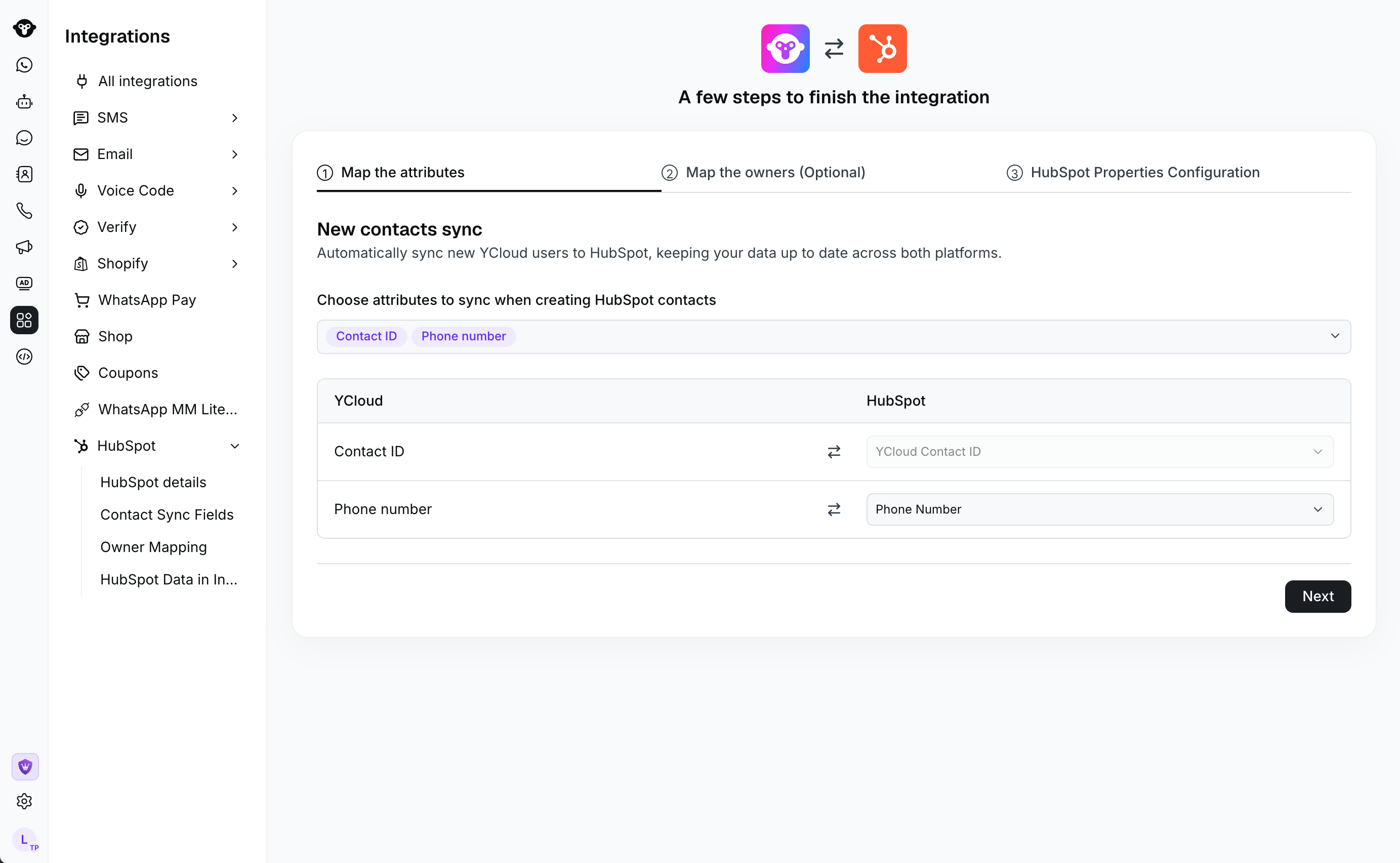 显示 Contact ID 和电话号码字段映射的 YCloud HubSpot 设置页面。