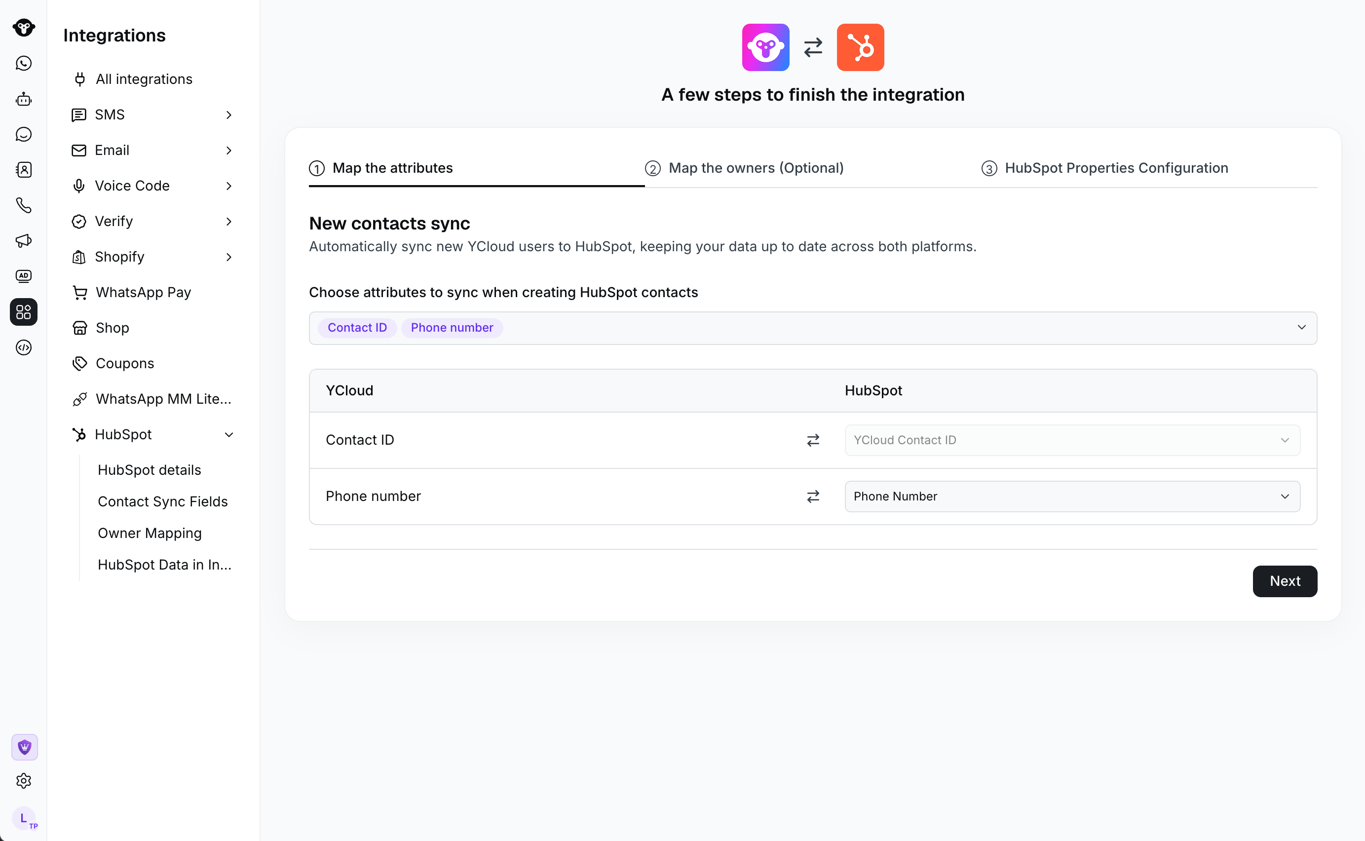 显示 Contact ID 和电话号码字段映射的 YCloud HubSpot 设置页面。