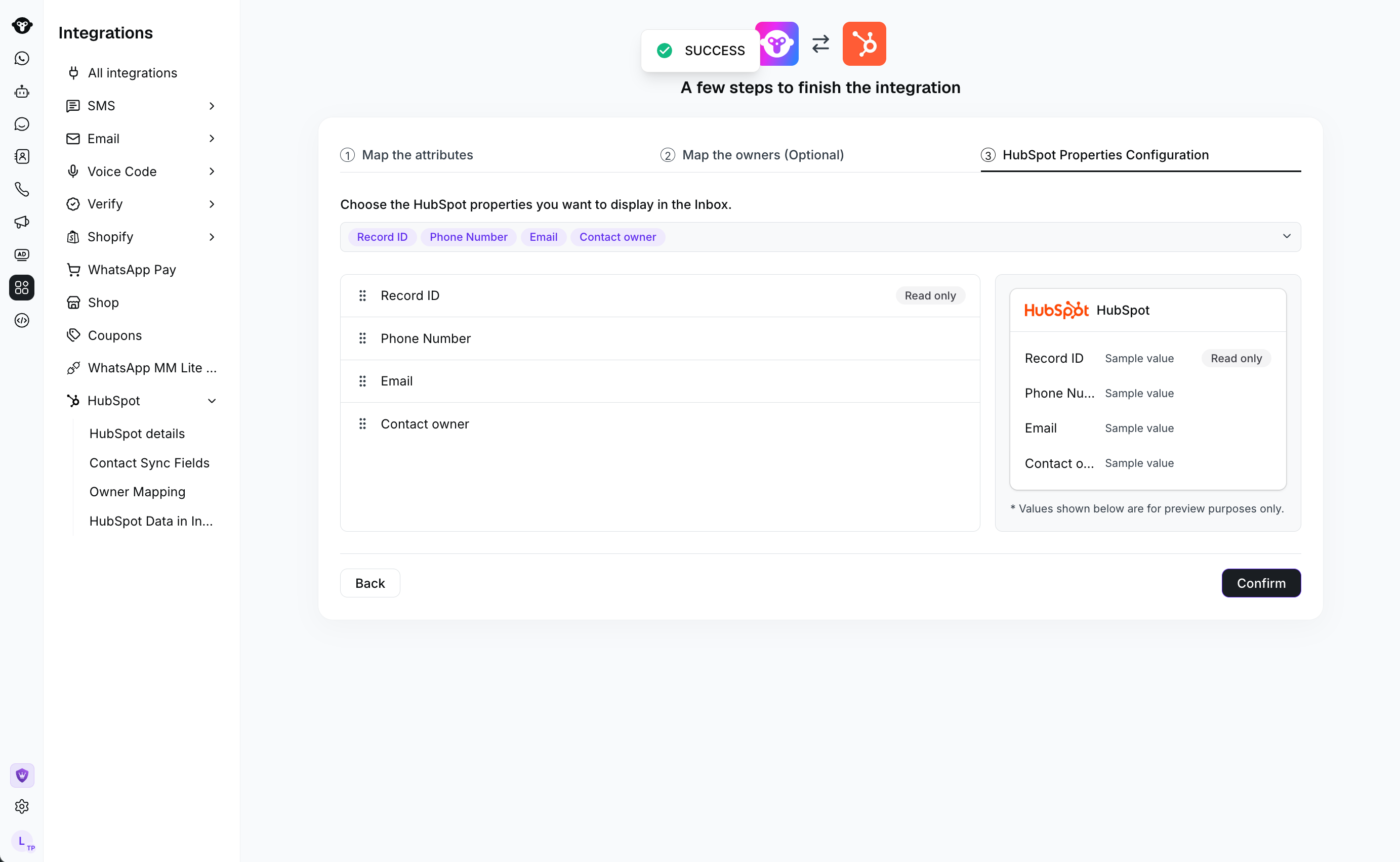 显示选定 HubSpot 属性和收件箱预览的 YCloud HubSpot 设置页面。