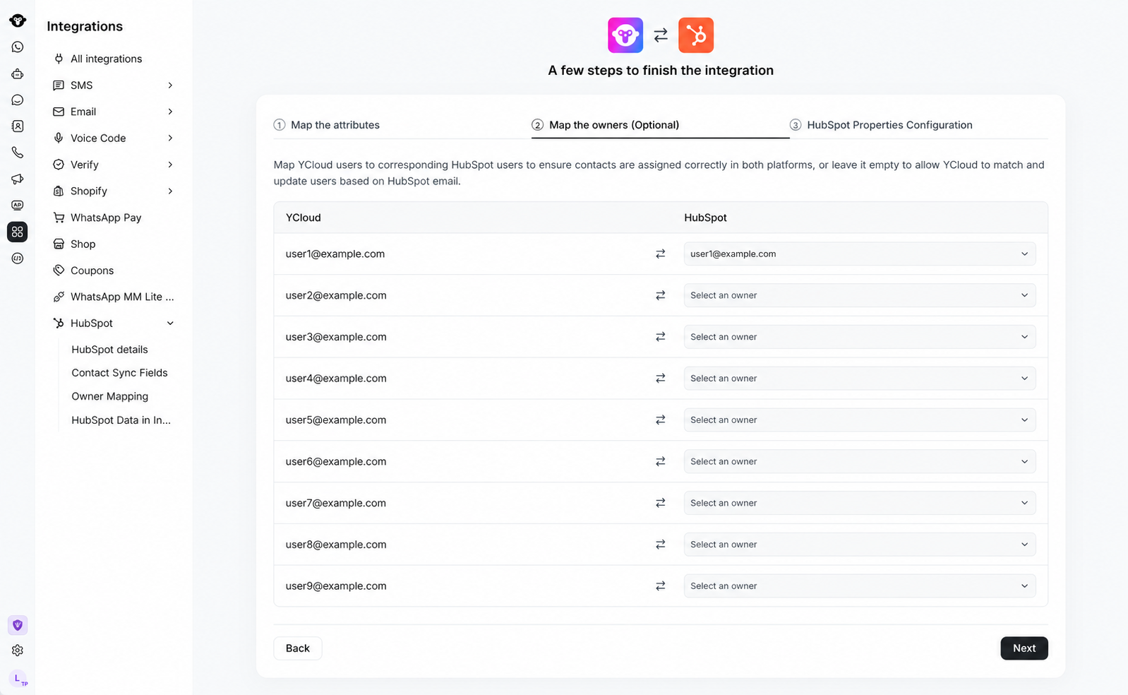 显示 YCloud 用户与 HubSpot 负责人之间映射关系的 YCloud HubSpot 设置页面。