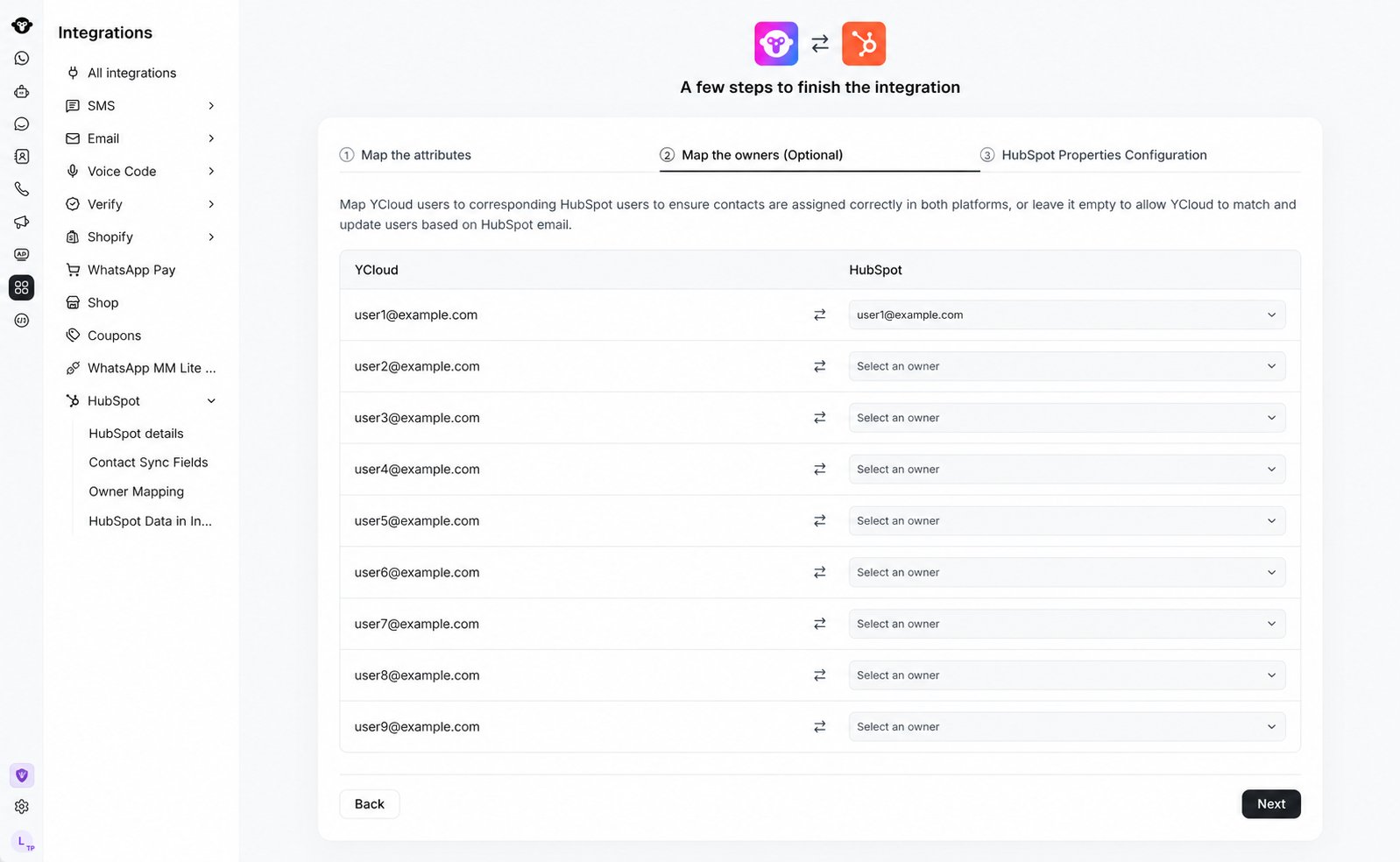 显示 YCloud 用户与 HubSpot 负责人之间映射关系的 YCloud HubSpot 设置页面。