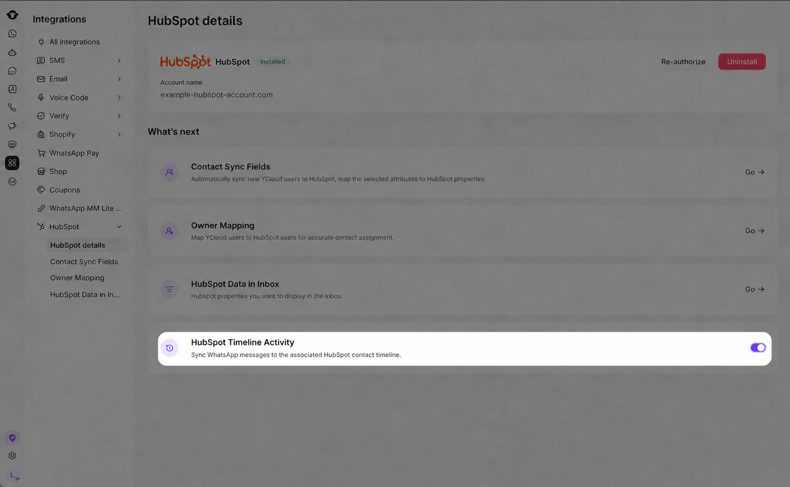 高亮显示 HubSpot 时间线活动（HubSpot Timeline Activity）设置的 YCloud HubSpot 详情页面。