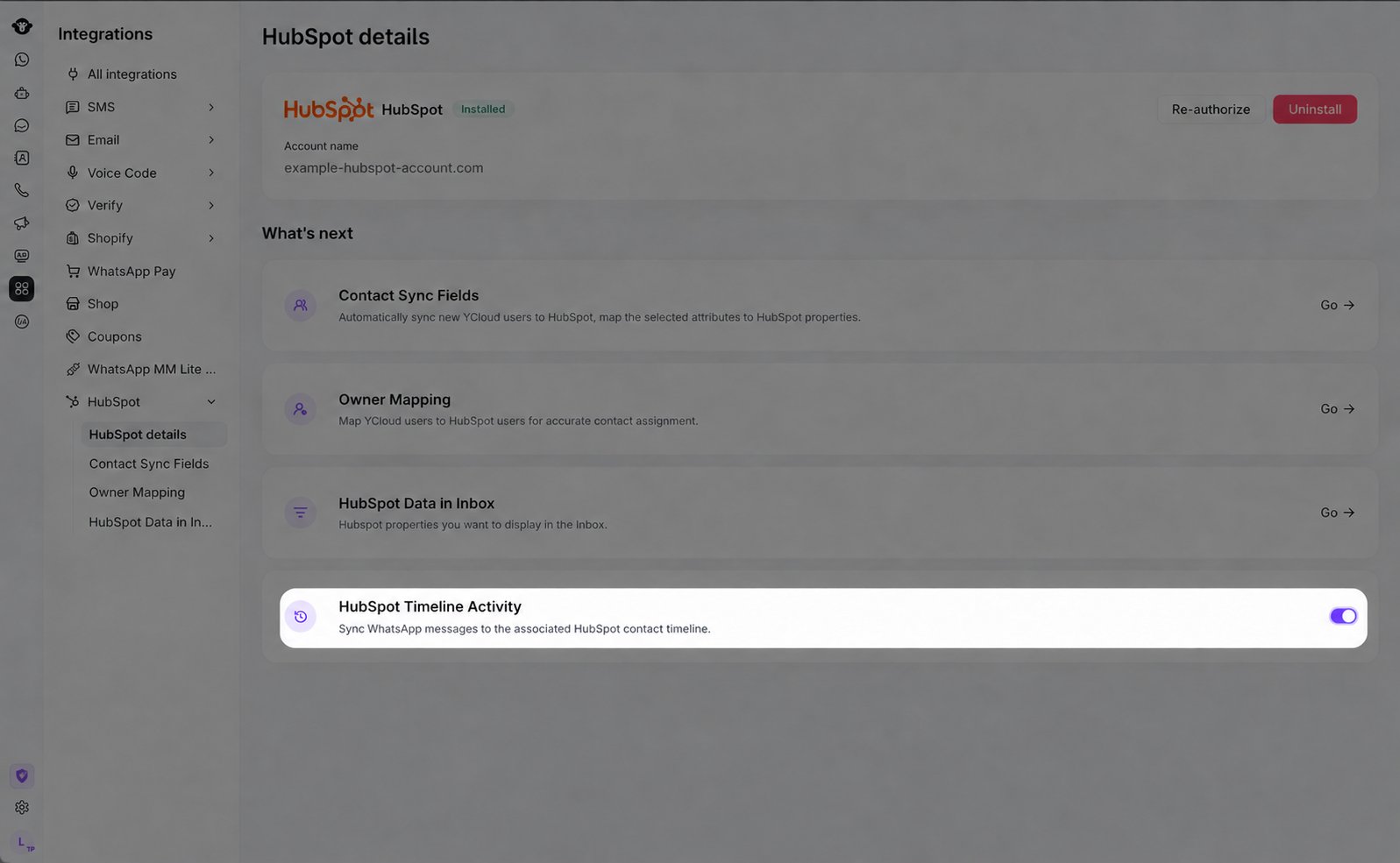 高亮显示 HubSpot 时间线活动(HubSpot Timeline Activity)设置的 YCloud HubSpot 详情页面。