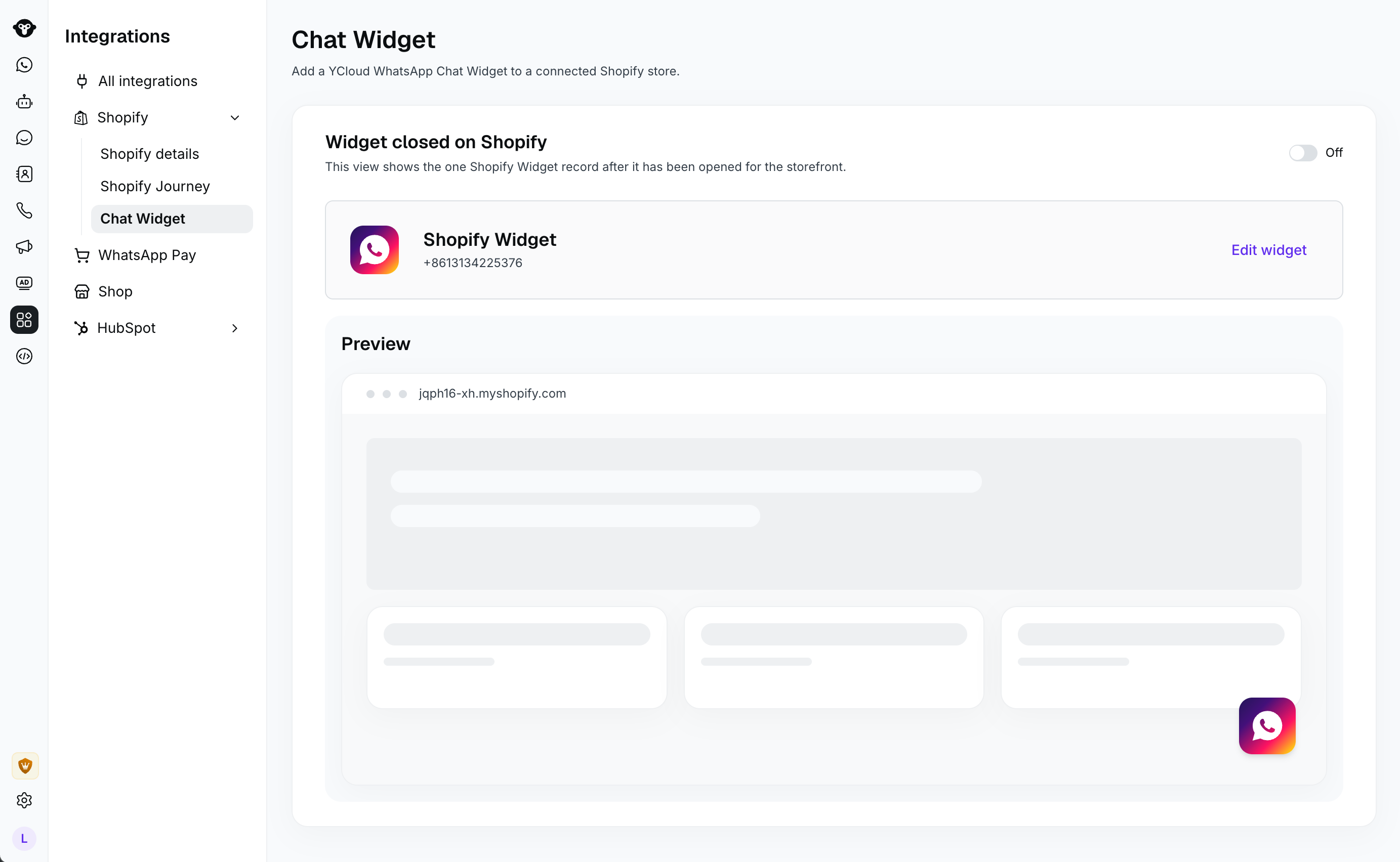 Página de Chat Widget en YCloud mostrando el número de WhatsApp Business seleccionado, el Chatlink Widget y la vista previa de la tienda