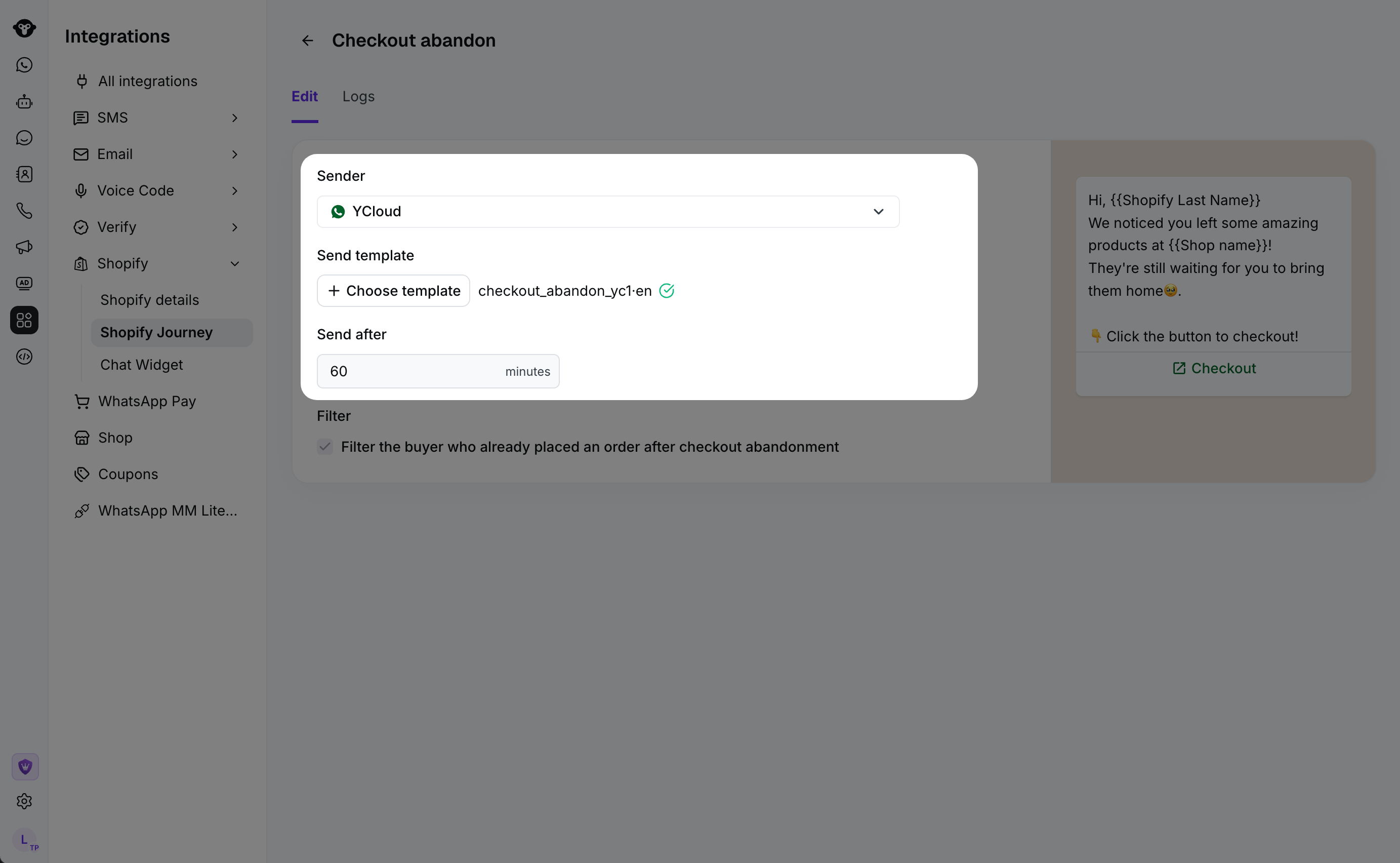 Checkout abandon workflow settings for sender, template, delay, and buyer filter