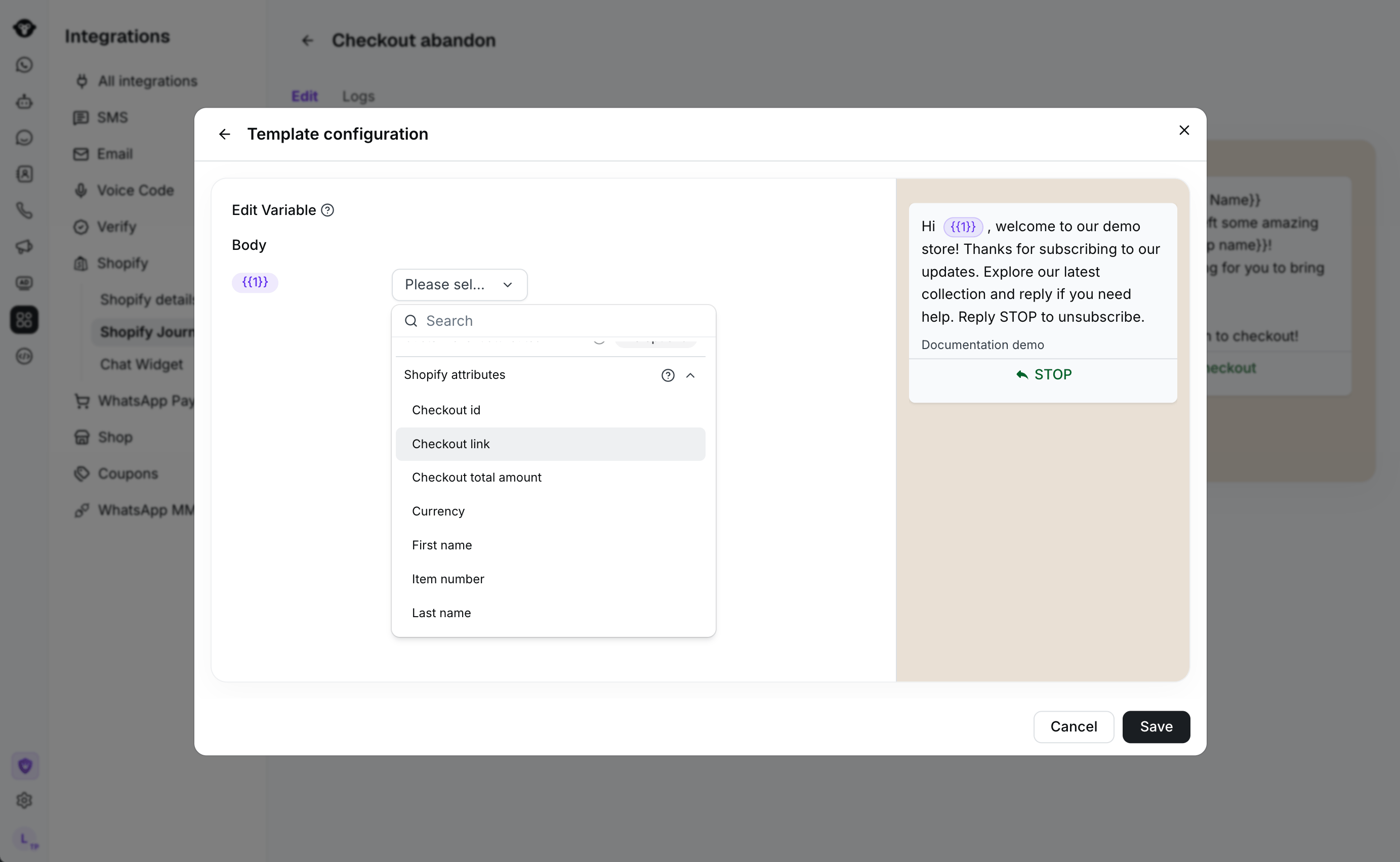 Template configuration with the Checkout link Shopify attribute selected