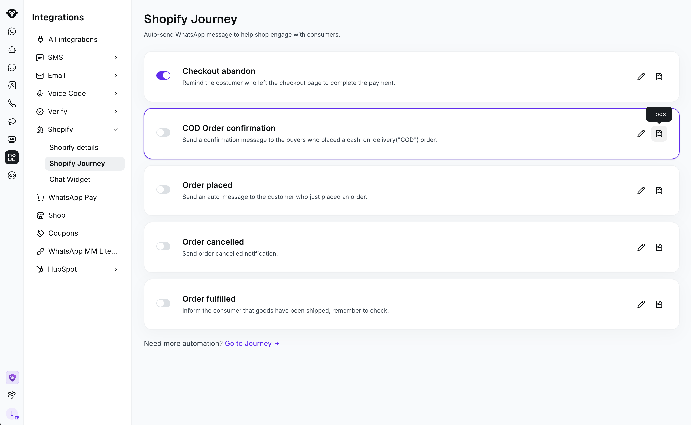Shopify Journey page with the Logs action highlighted for the COD Order confirmation workflow