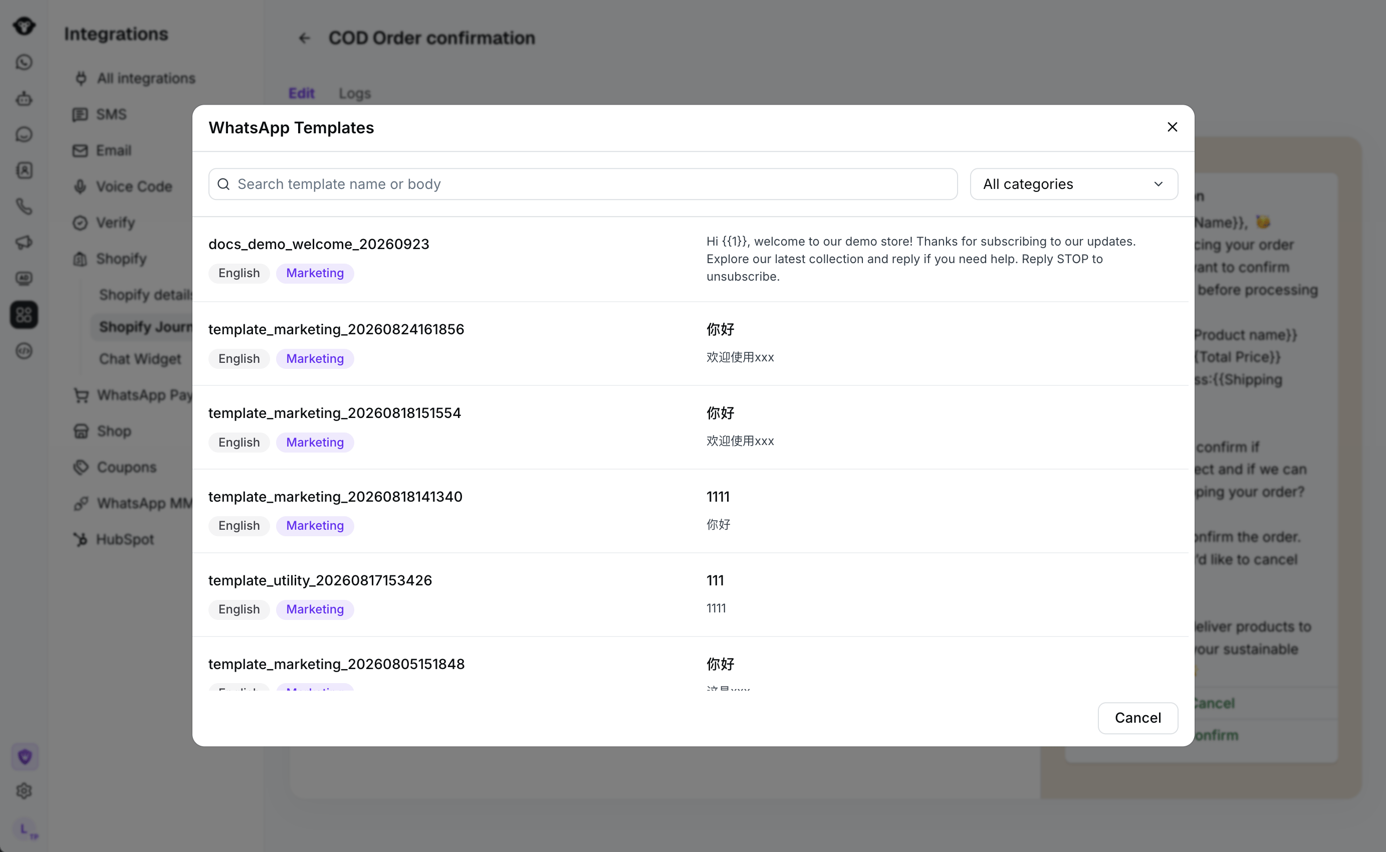 WhatsApp template selector for the COD Order confirmation workflow