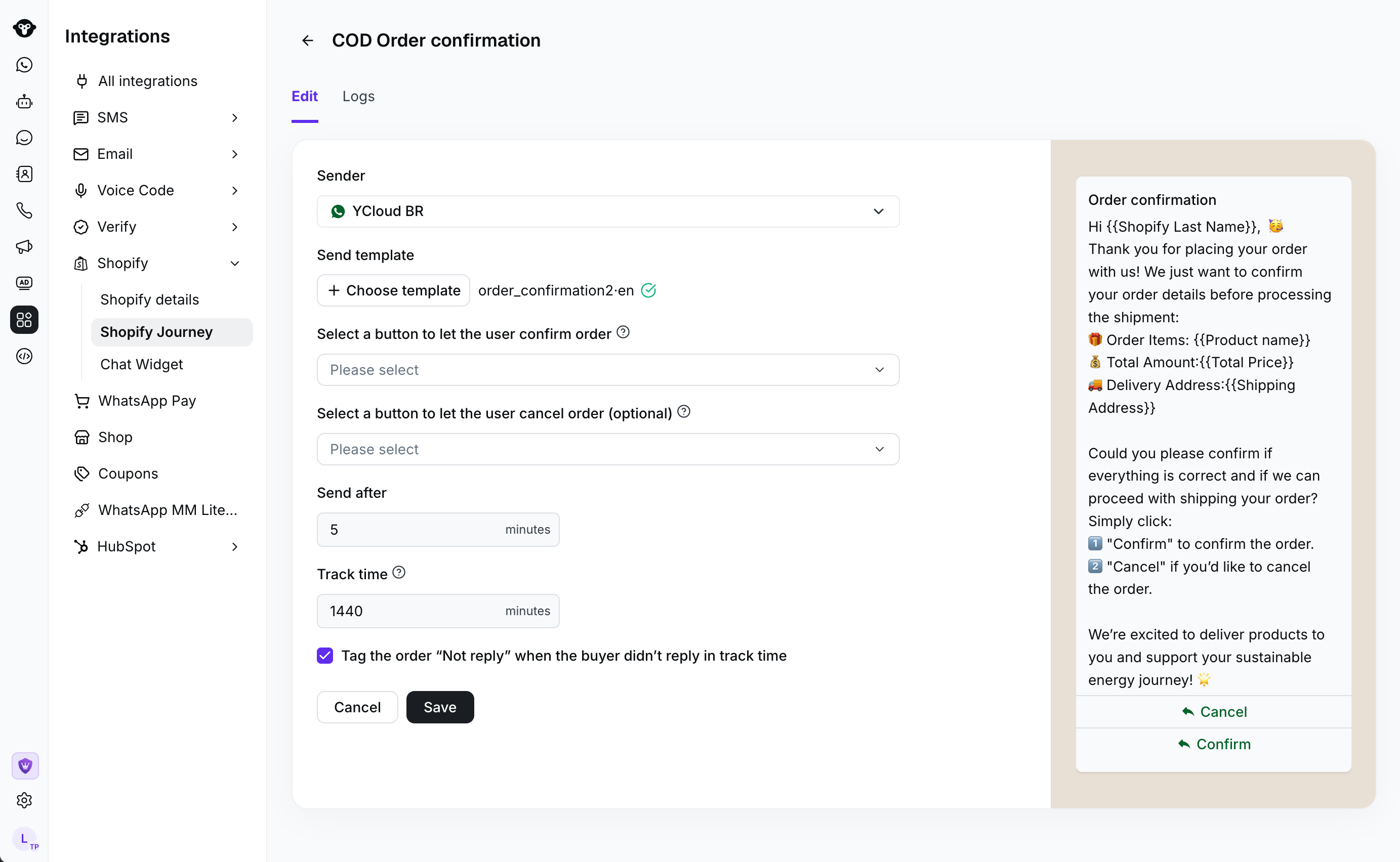 COD Order confirmation workflow timing and reply tracking settings