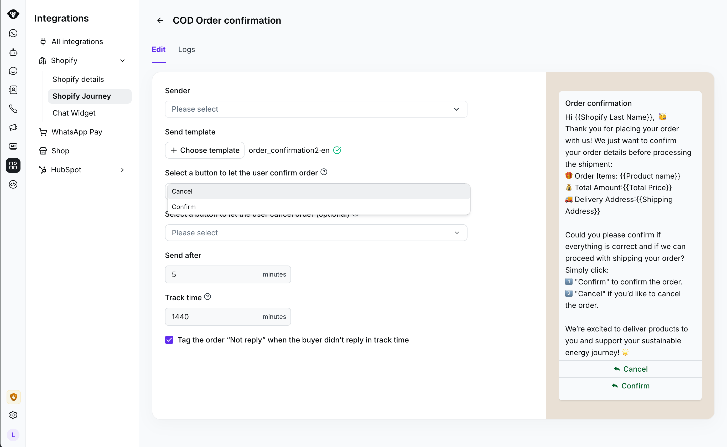 COD Order confirmation workflow settings with the sender selector