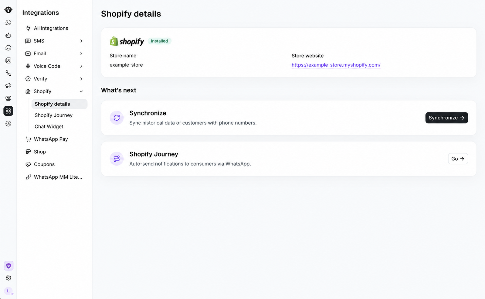 Connected Shopify store details with the Synchronize option in YCloud