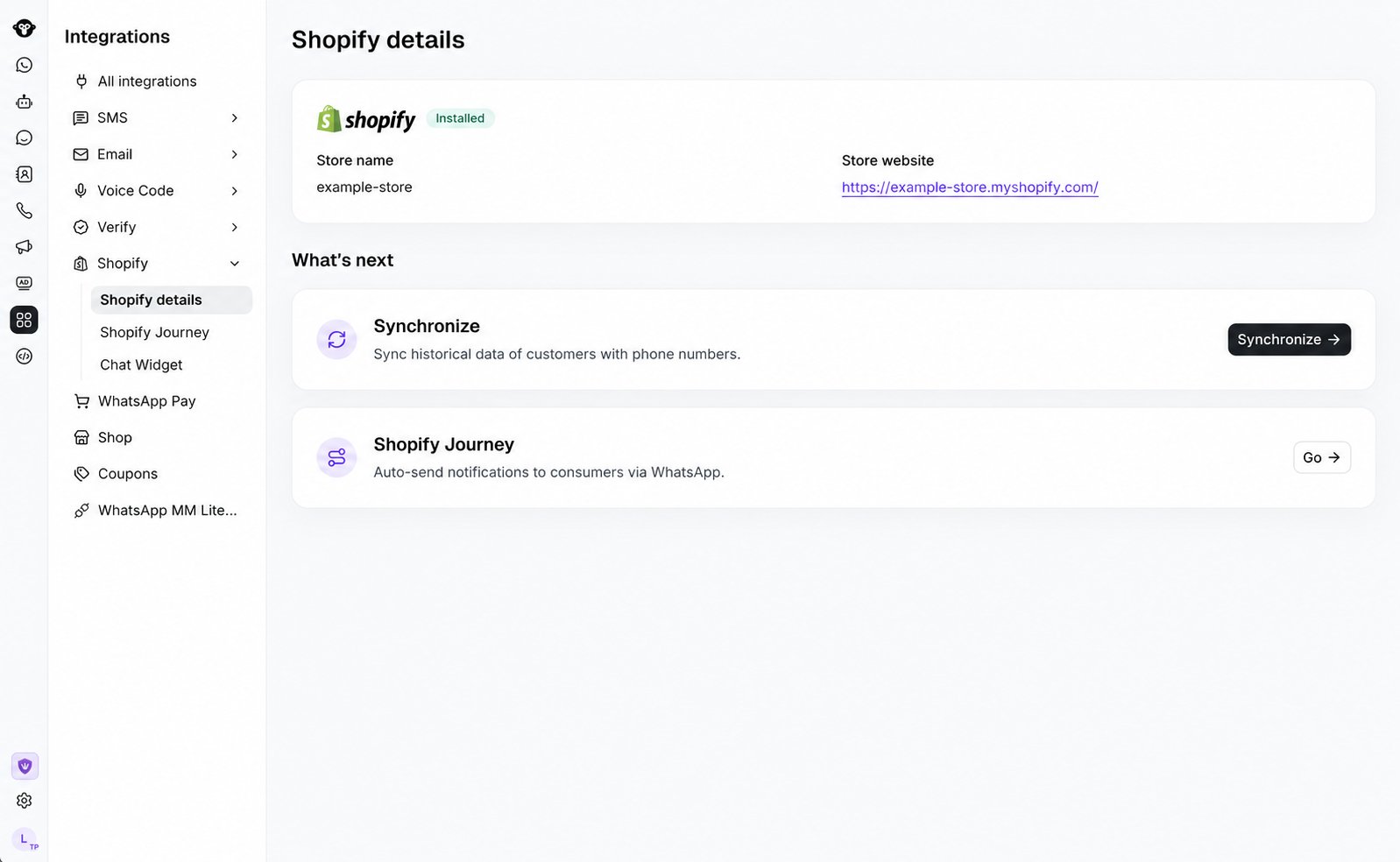 Connected Shopify store details with the Synchronize option in YCloud