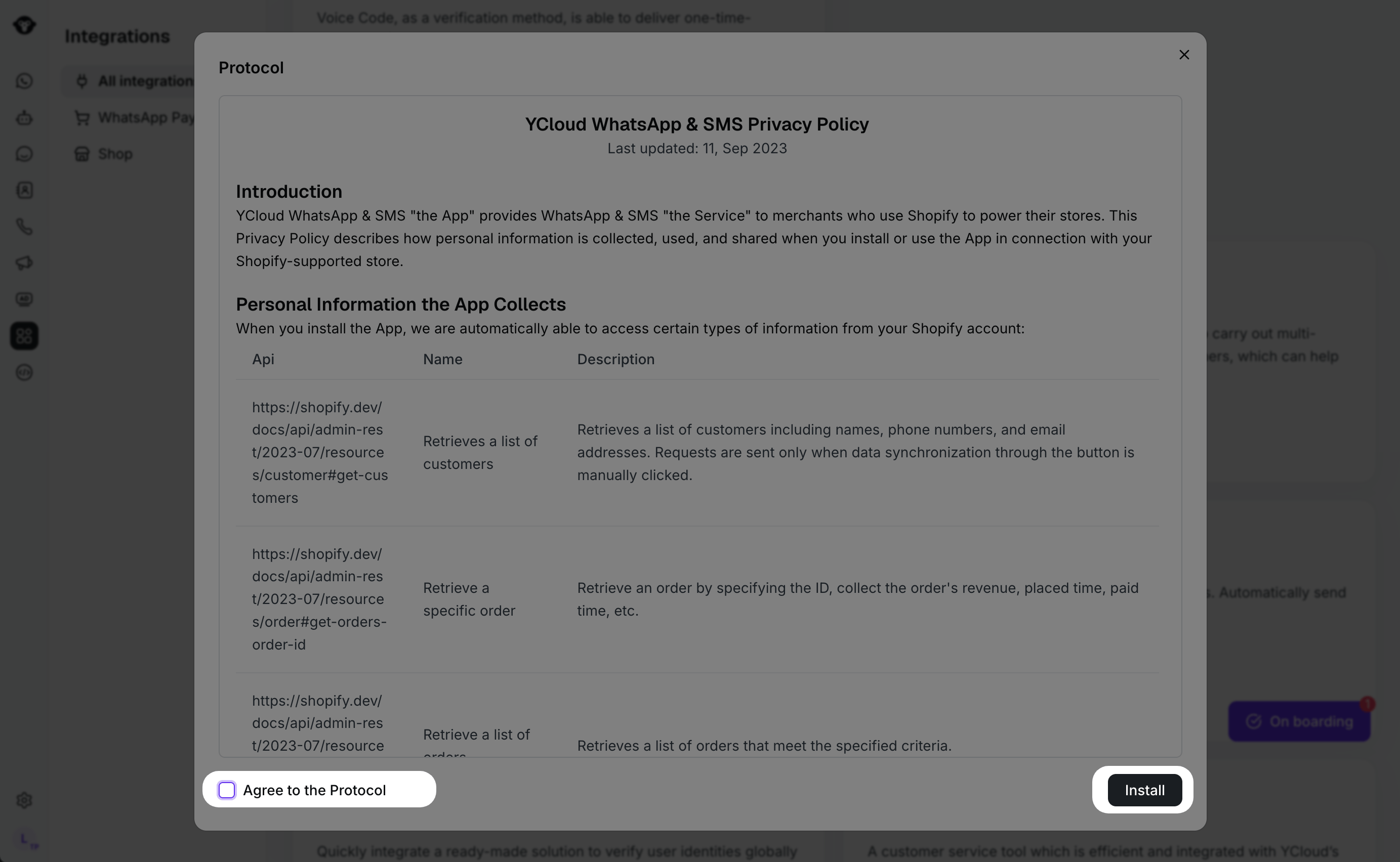 YCloud Shopify protocol dialog with the Agree to the Protocol checkbox and Install button