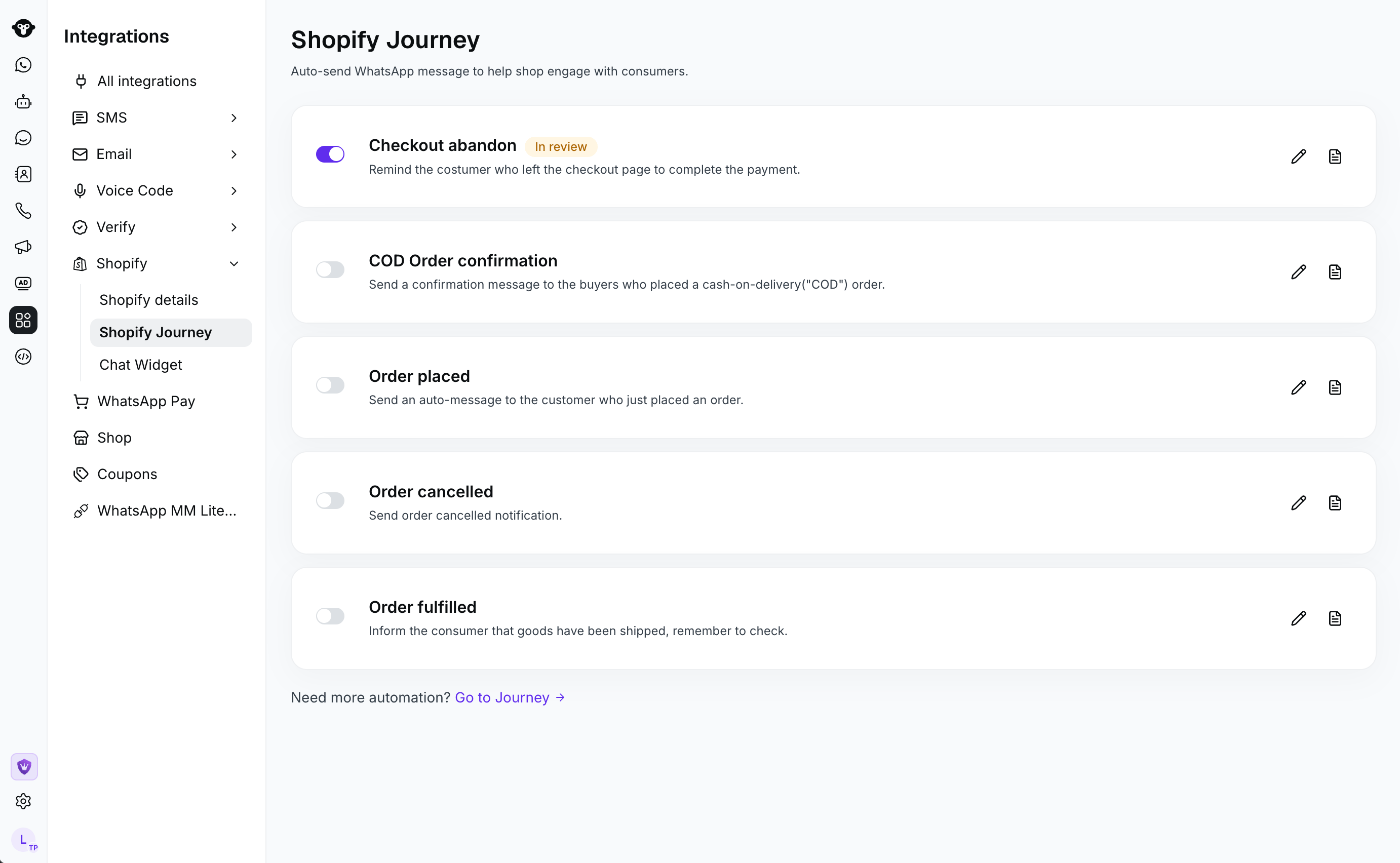 Shopify Journey page showing the COD Order confirmation workflow