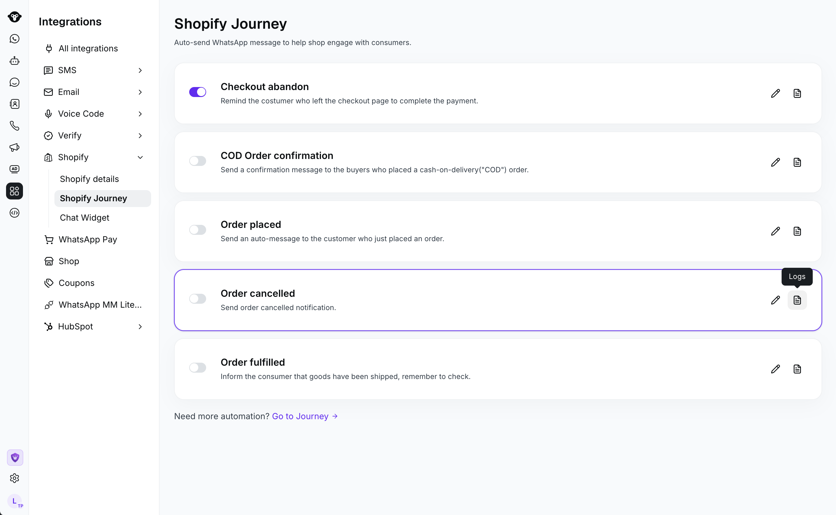 Shopify Journey 页面,高亮显示了订单取消工作流的 Logs 操作