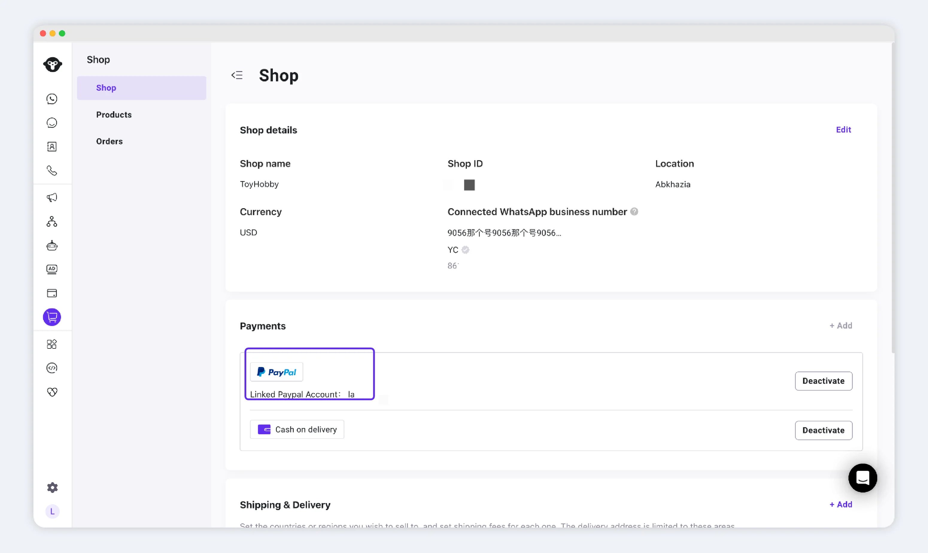 PayPal Wallet enabled in Shop payment settings