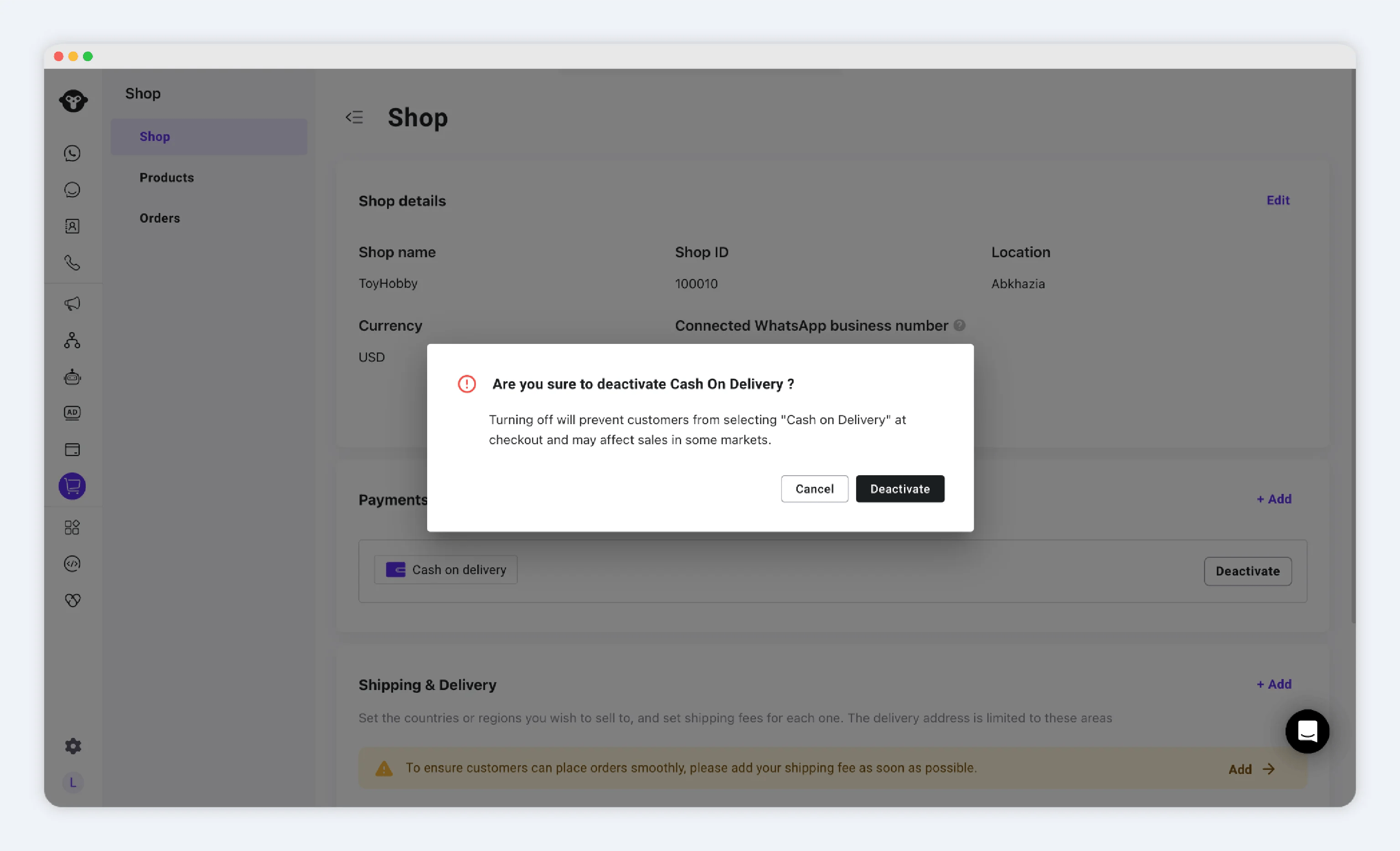 Cash on Delivery deactivation dialog