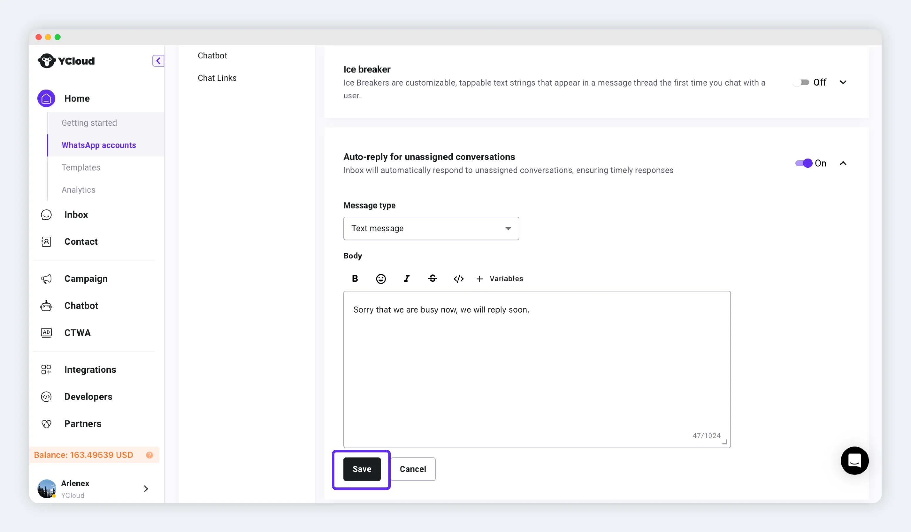 Editar y guardar respuesta automática para conversaciones no asignadas