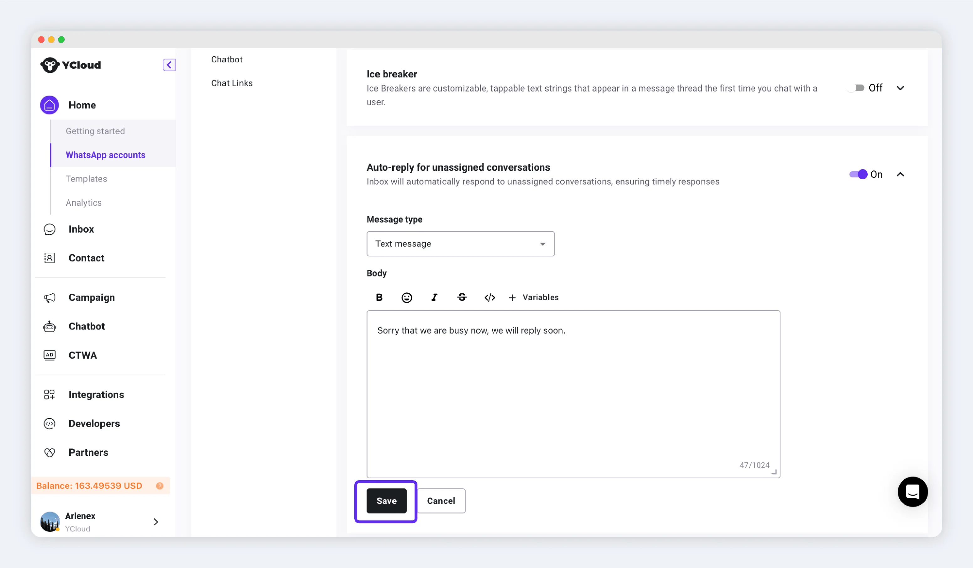 Edit and save auto-reply for unassigned conversations