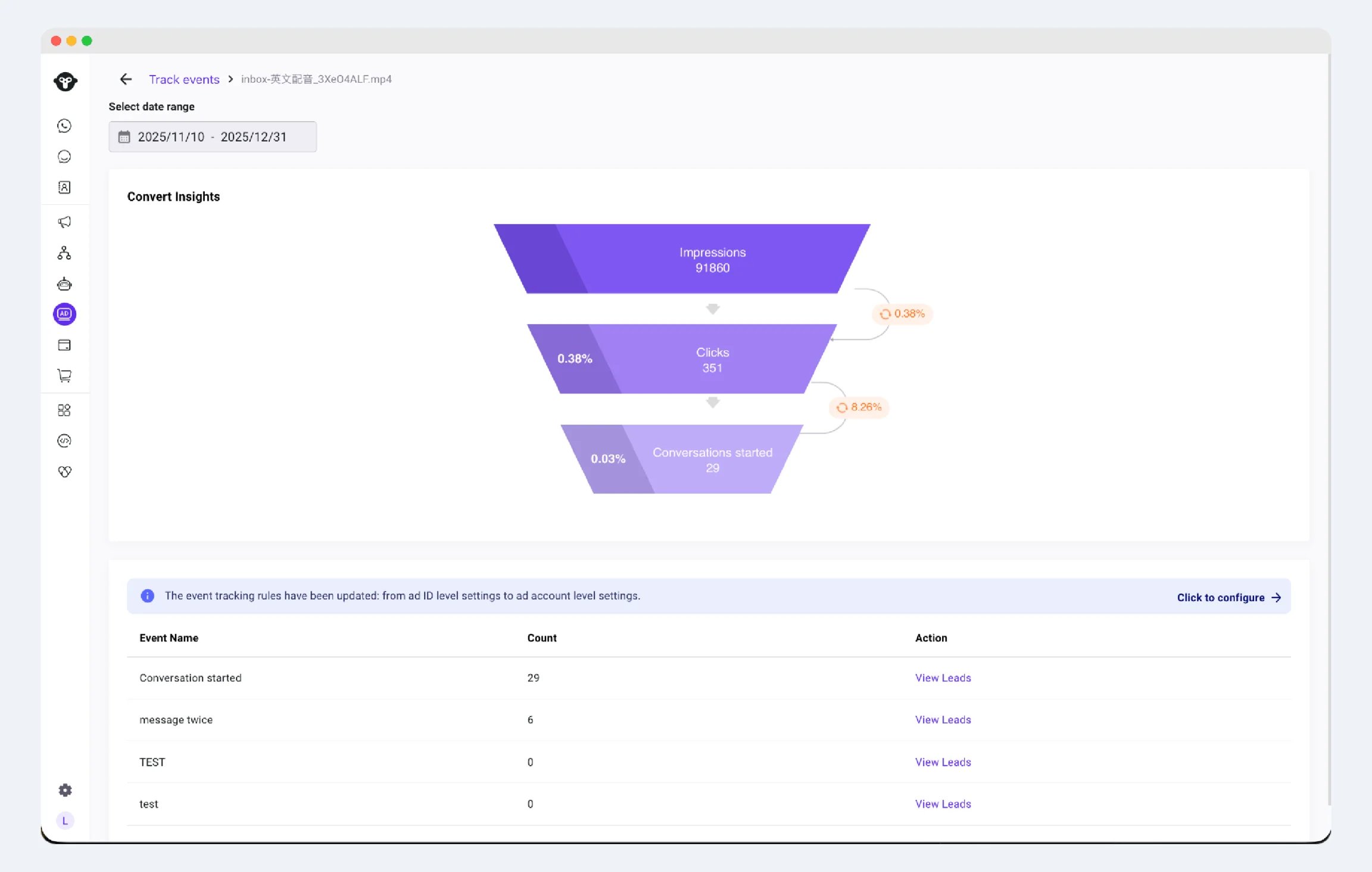 YCloud TikTok tracking event details with conversion metrics and View Leads