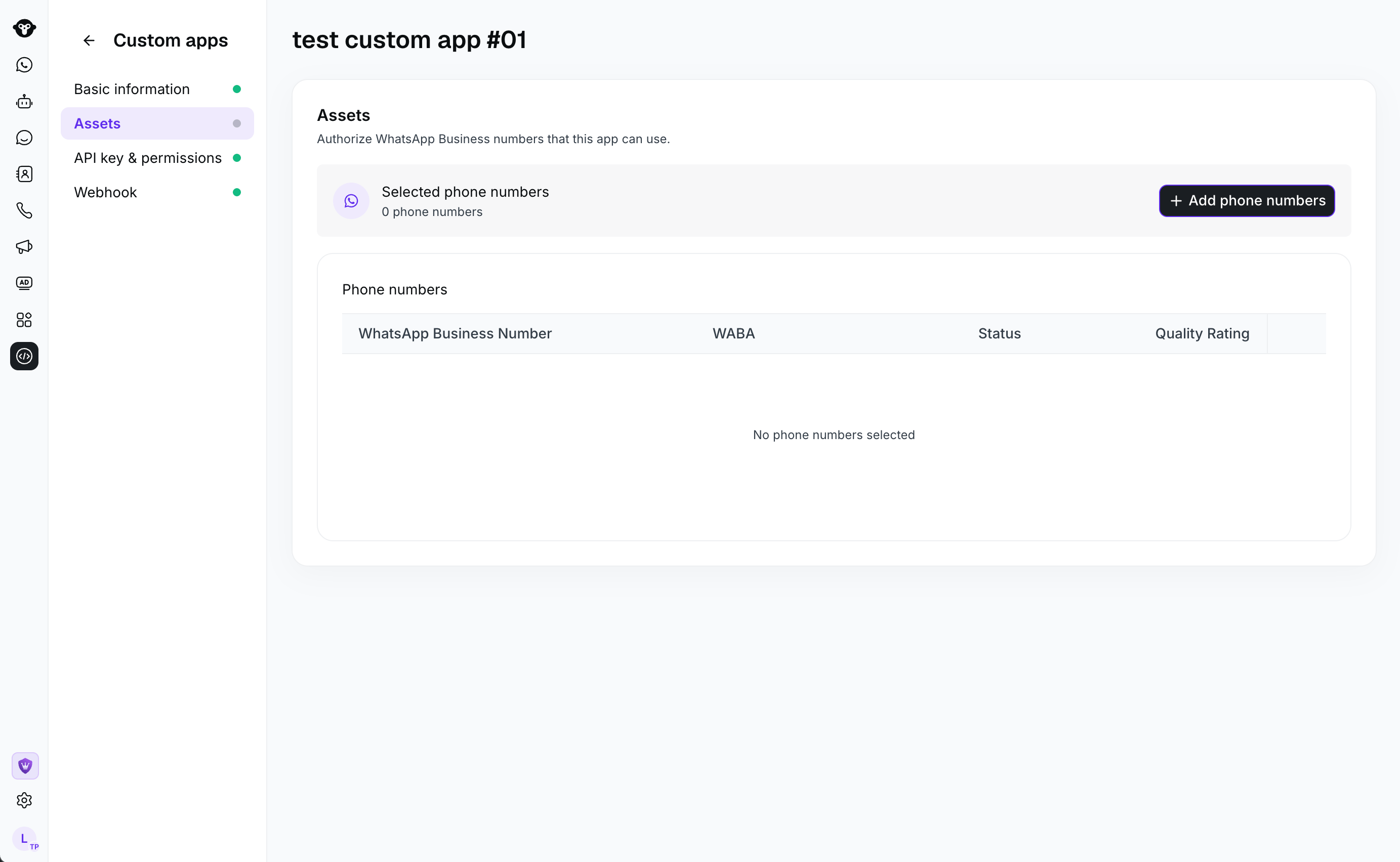 Assets section of a custom app with the Add phone numbers button.