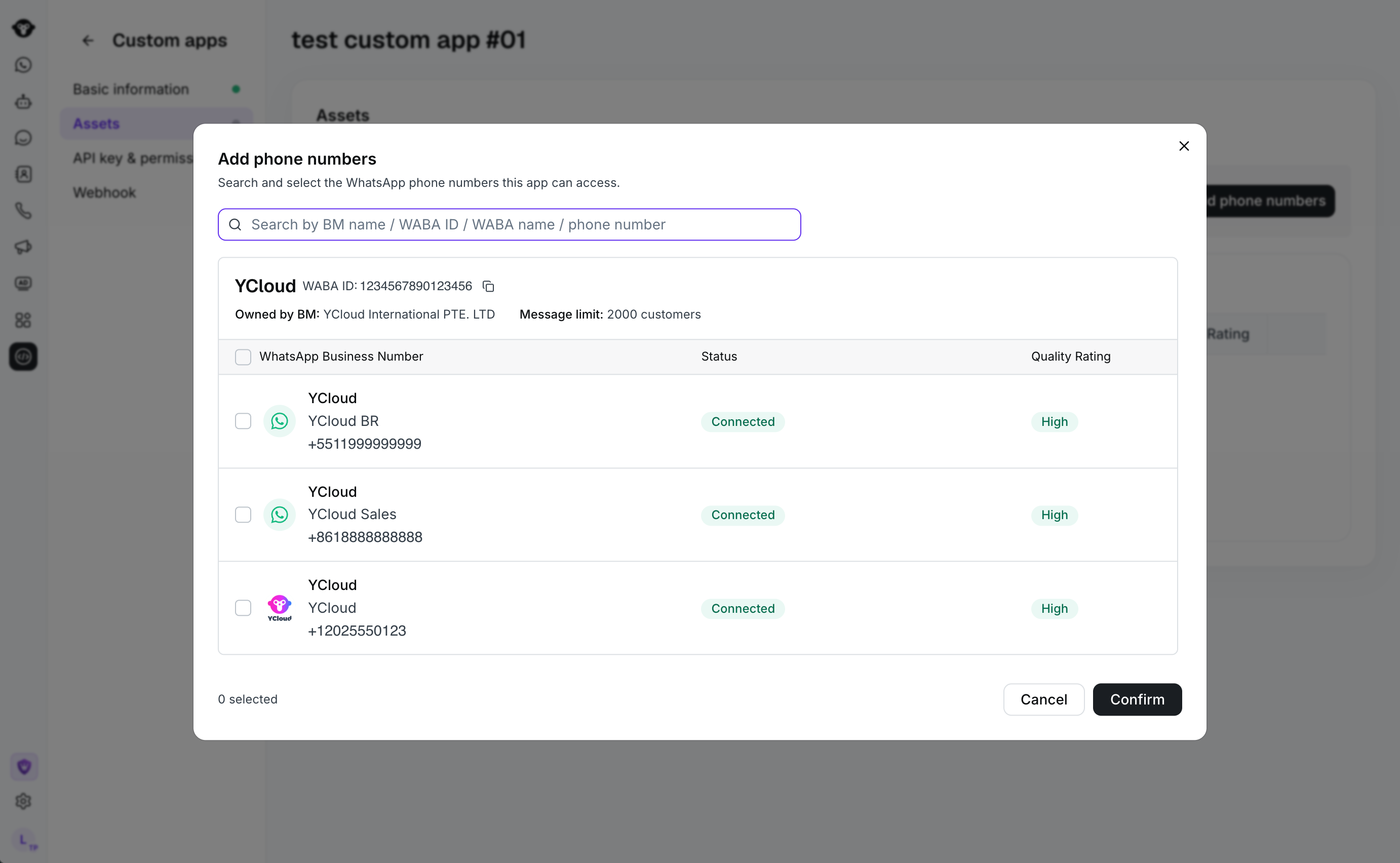 Add phone numbers dialog showing available WhatsApp Business phone numbers, binding status, and quality rating.