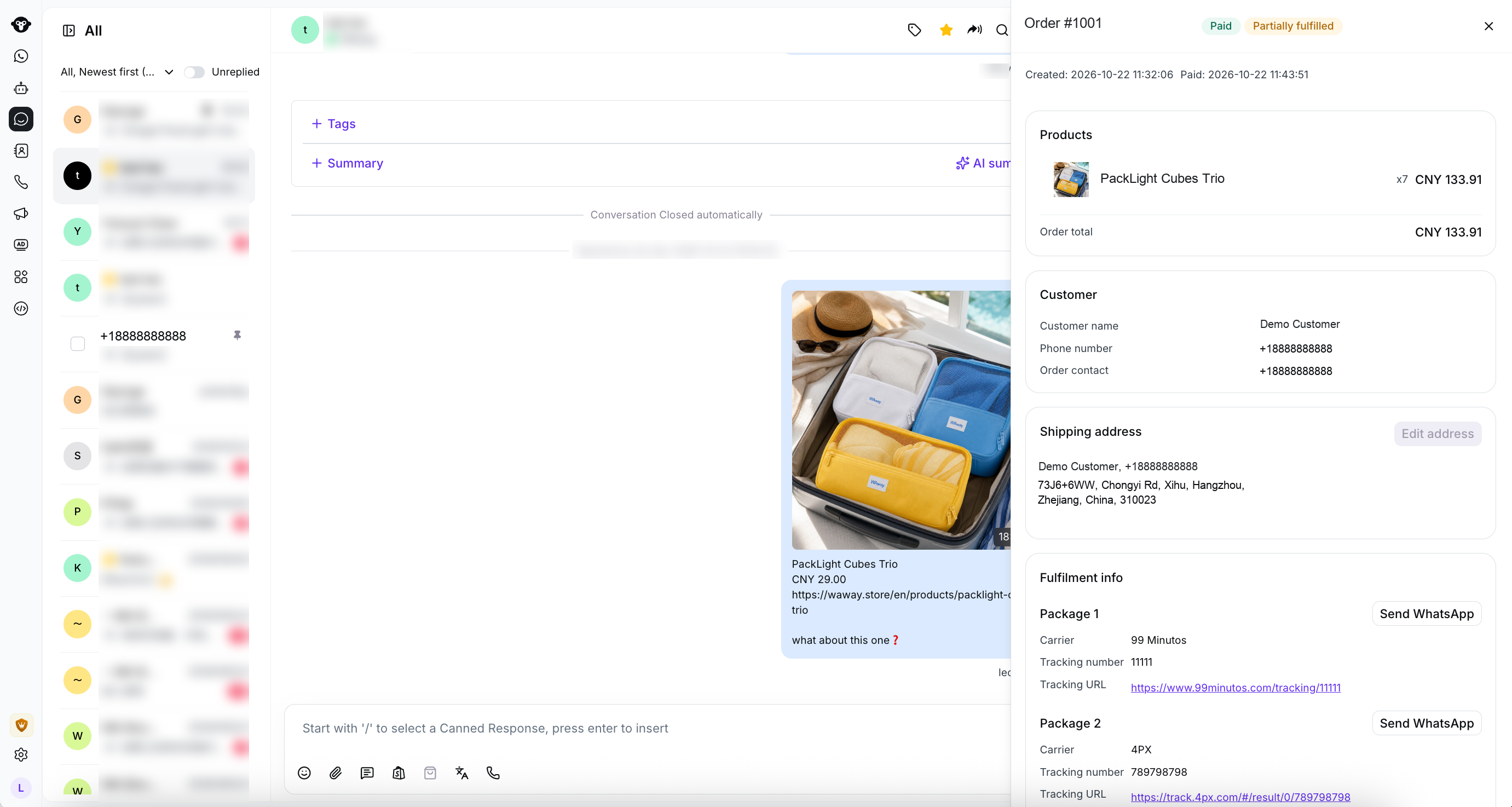 Panel de detalles del pedido de Shopify con productos, información del cliente, dirección de envío y seguimiento del paquete