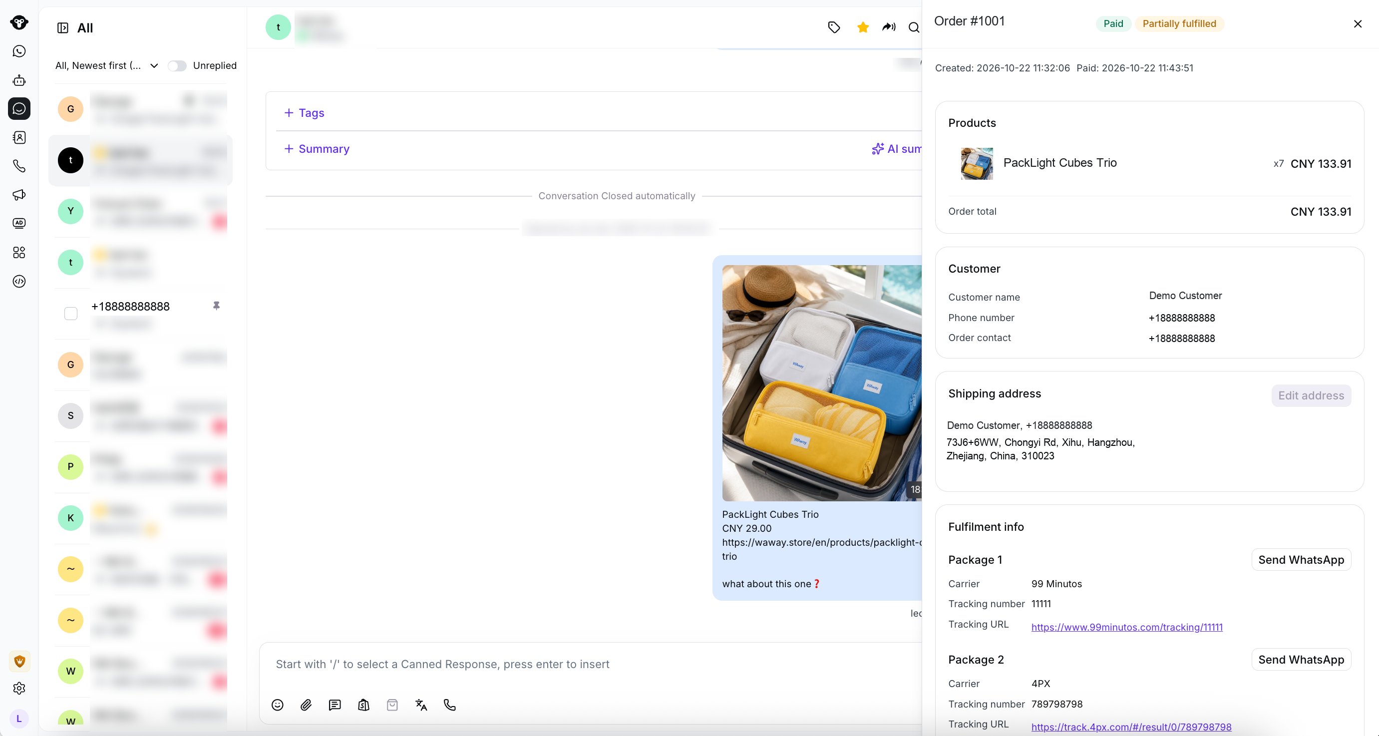 Panel de detalles del pedido de Shopify con productos, información del cliente, dirección de envío y seguimiento del paquete