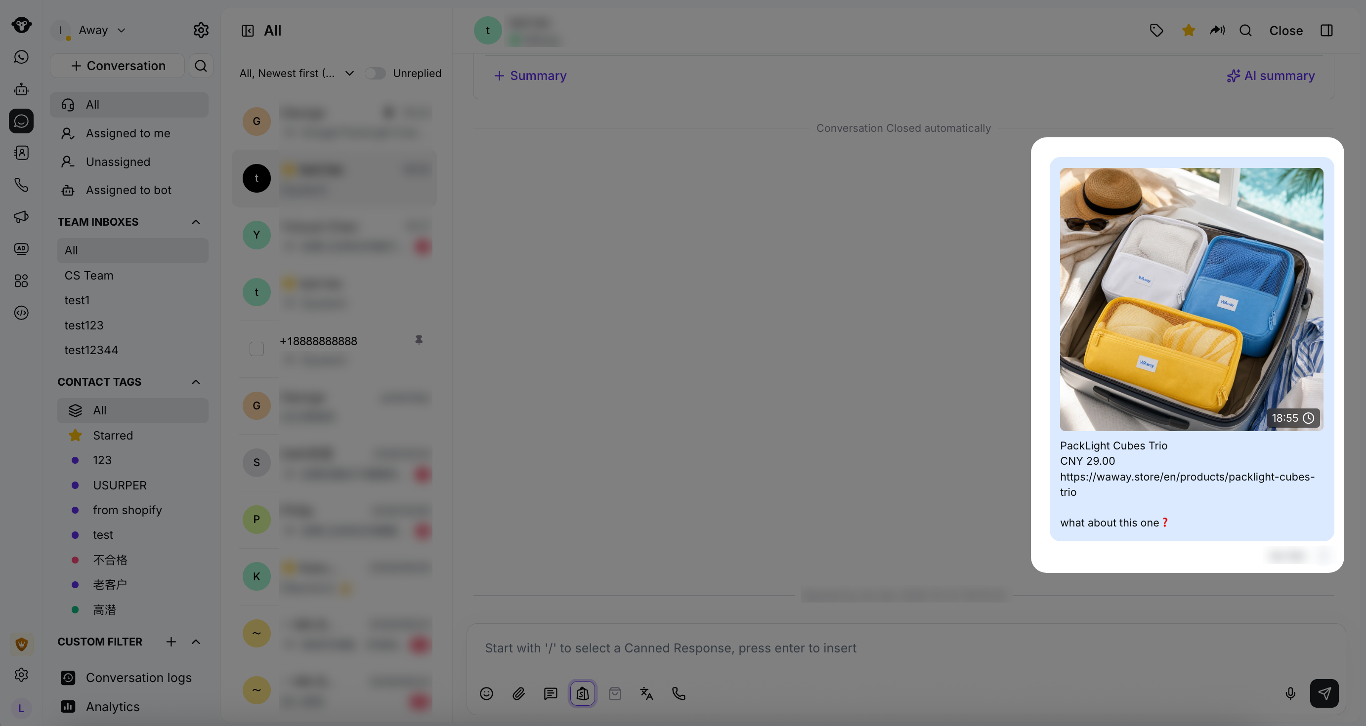 Mensaje con imagen de producto enviado en una conversación de WhatsApp de Inbox