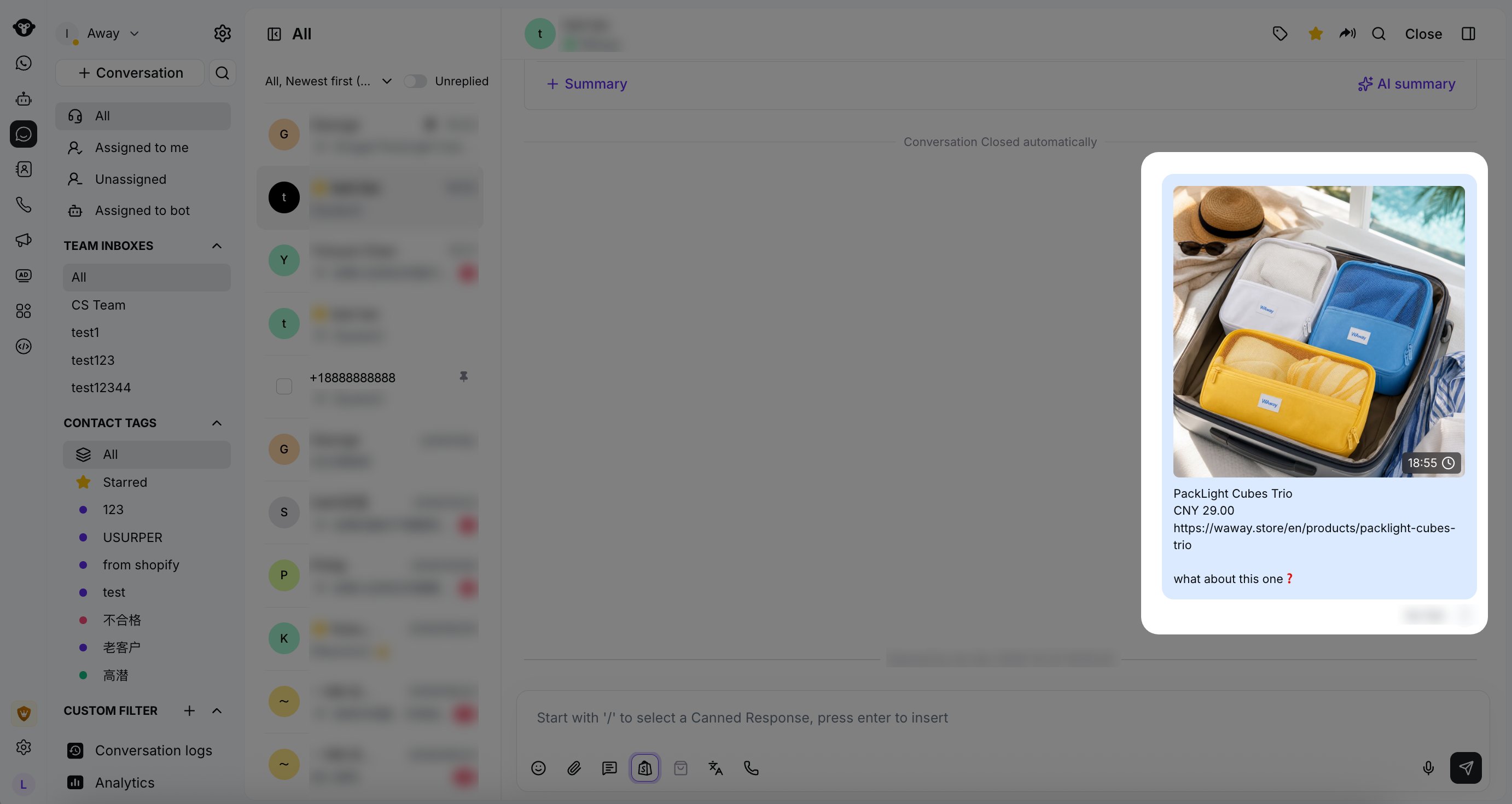 Mensaje con imagen de producto enviado en una conversación de WhatsApp de Inbox