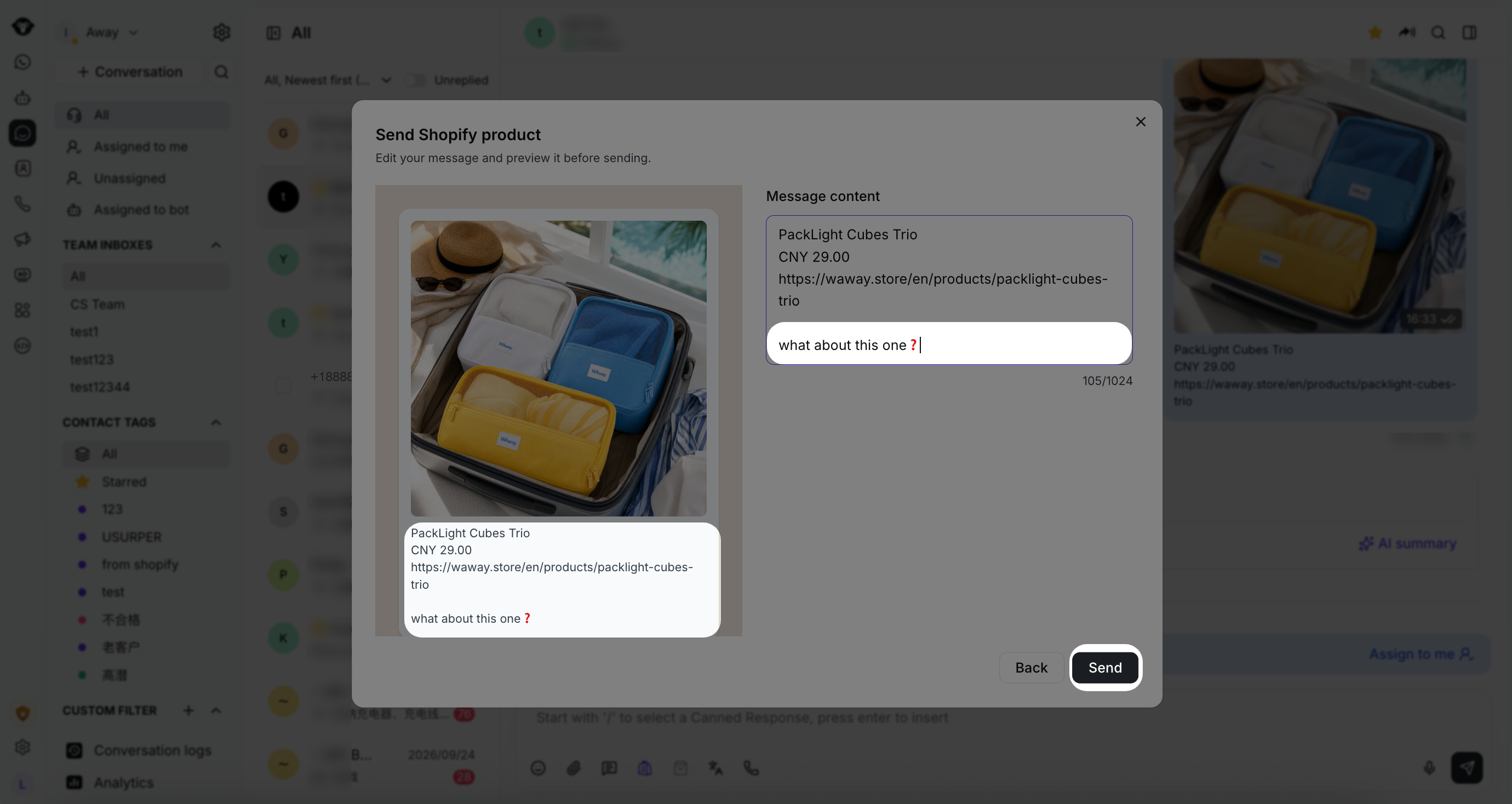 Vista previa del mensaje de producto de Shopify con Message content editado