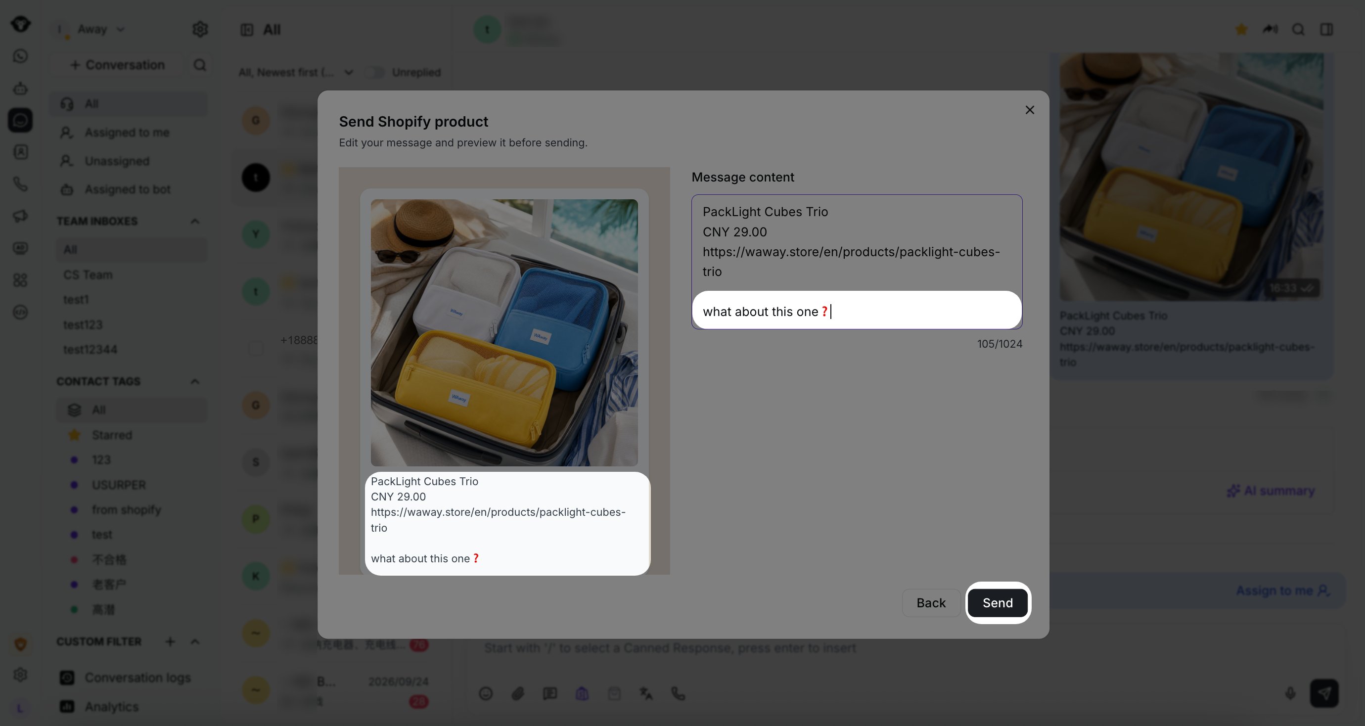 Vista previa del mensaje de producto de Shopify con Message content editado