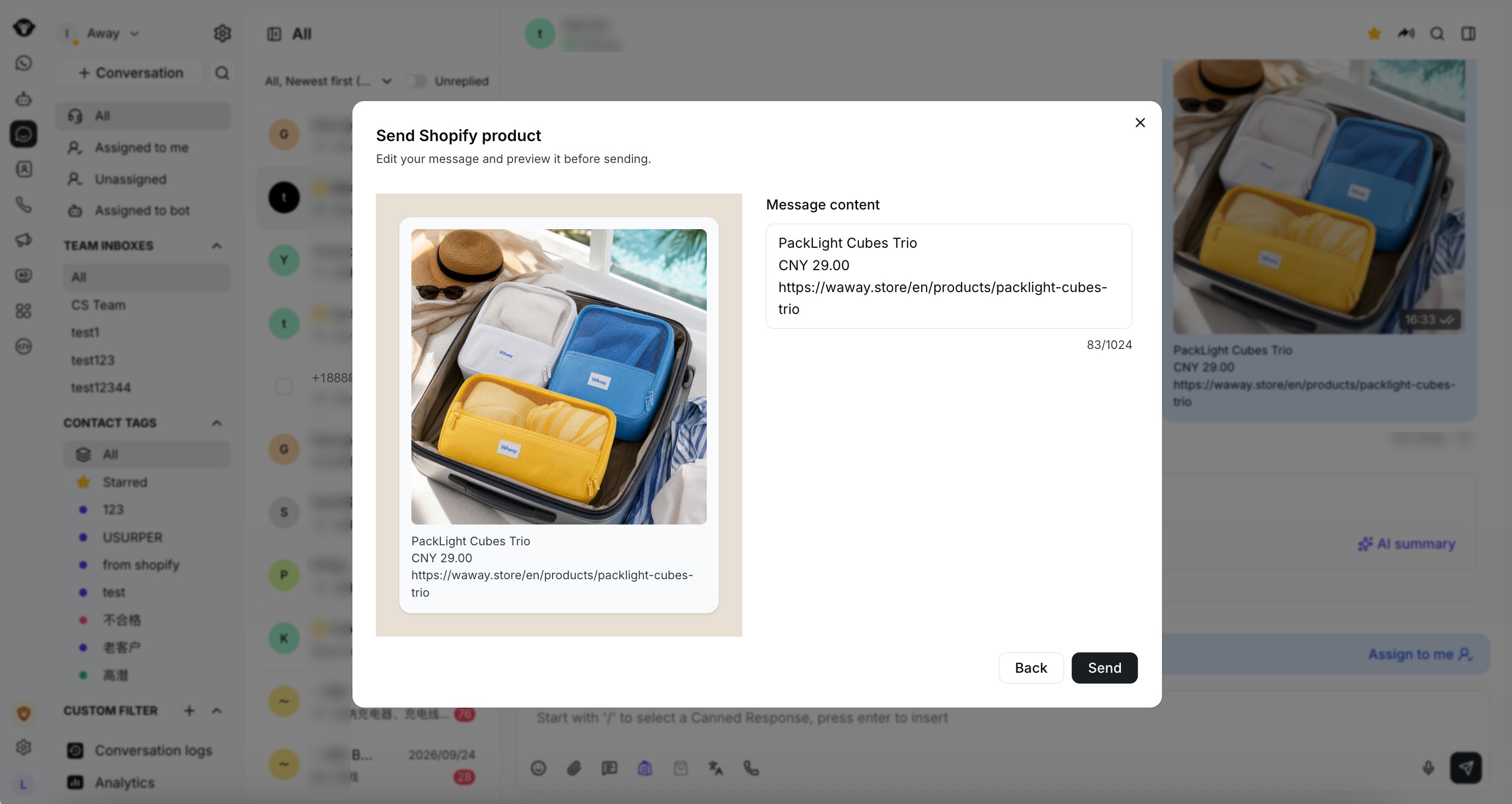 Vista previa del mensaje de producto de Shopify antes de editar