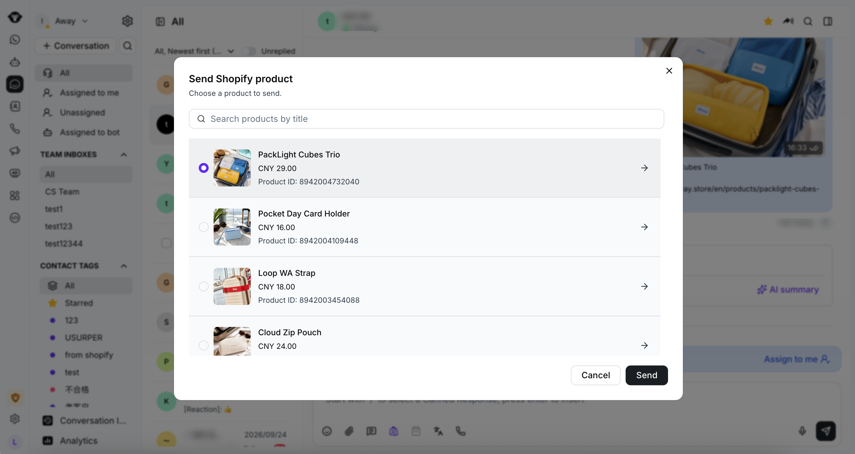 Producto de Shopify seleccionado con el botón Send disponible