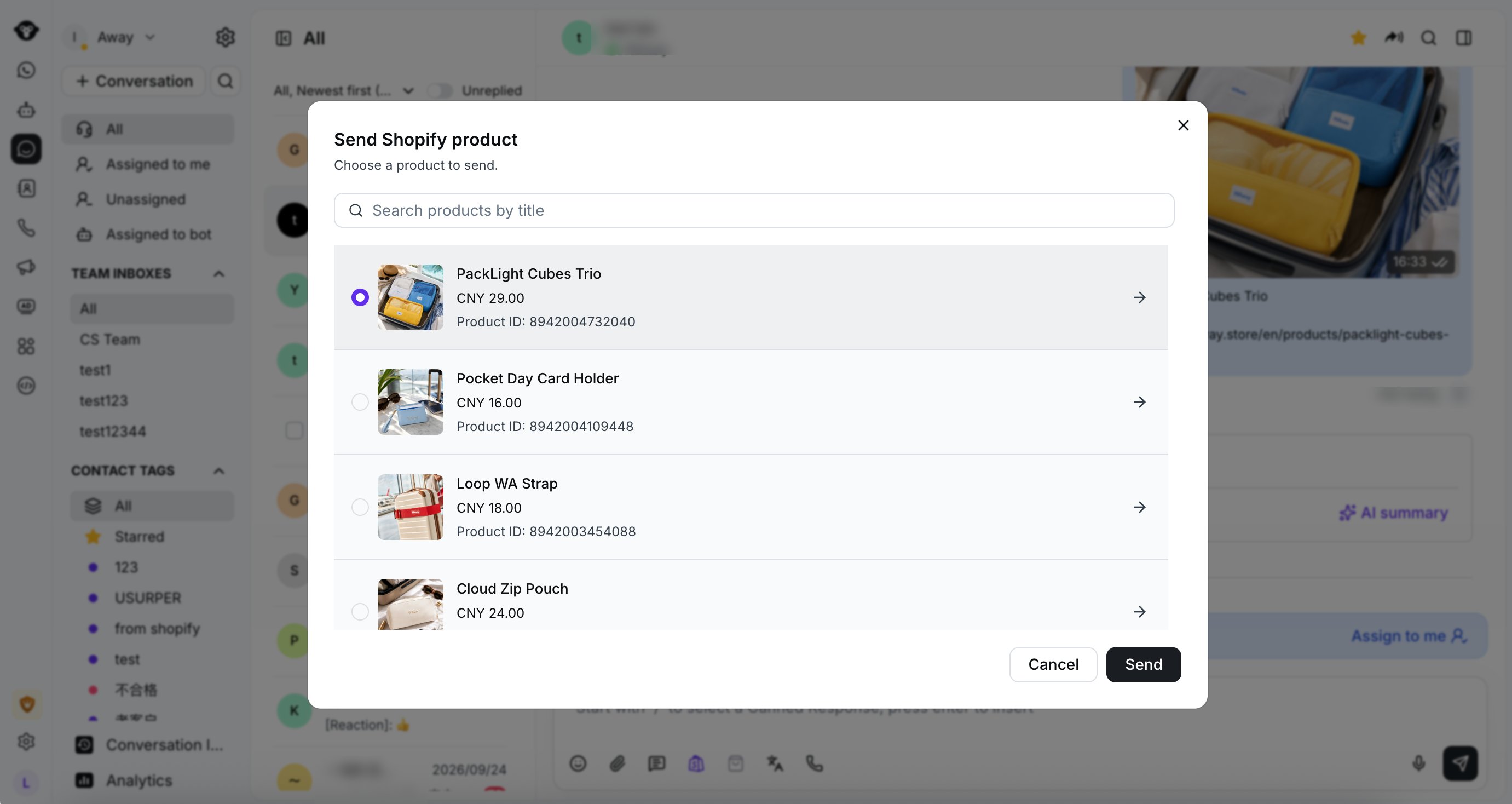 Producto de Shopify seleccionado con el botón Send disponible