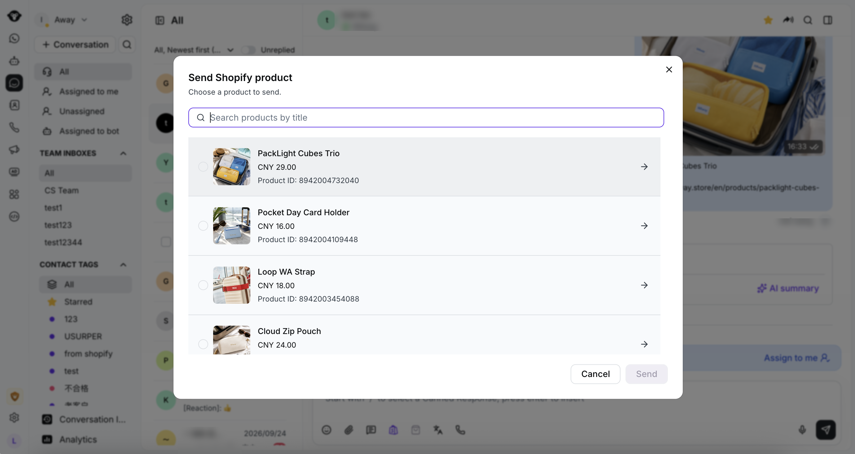Selector de productos de Shopify con el campo de búsqueda por título