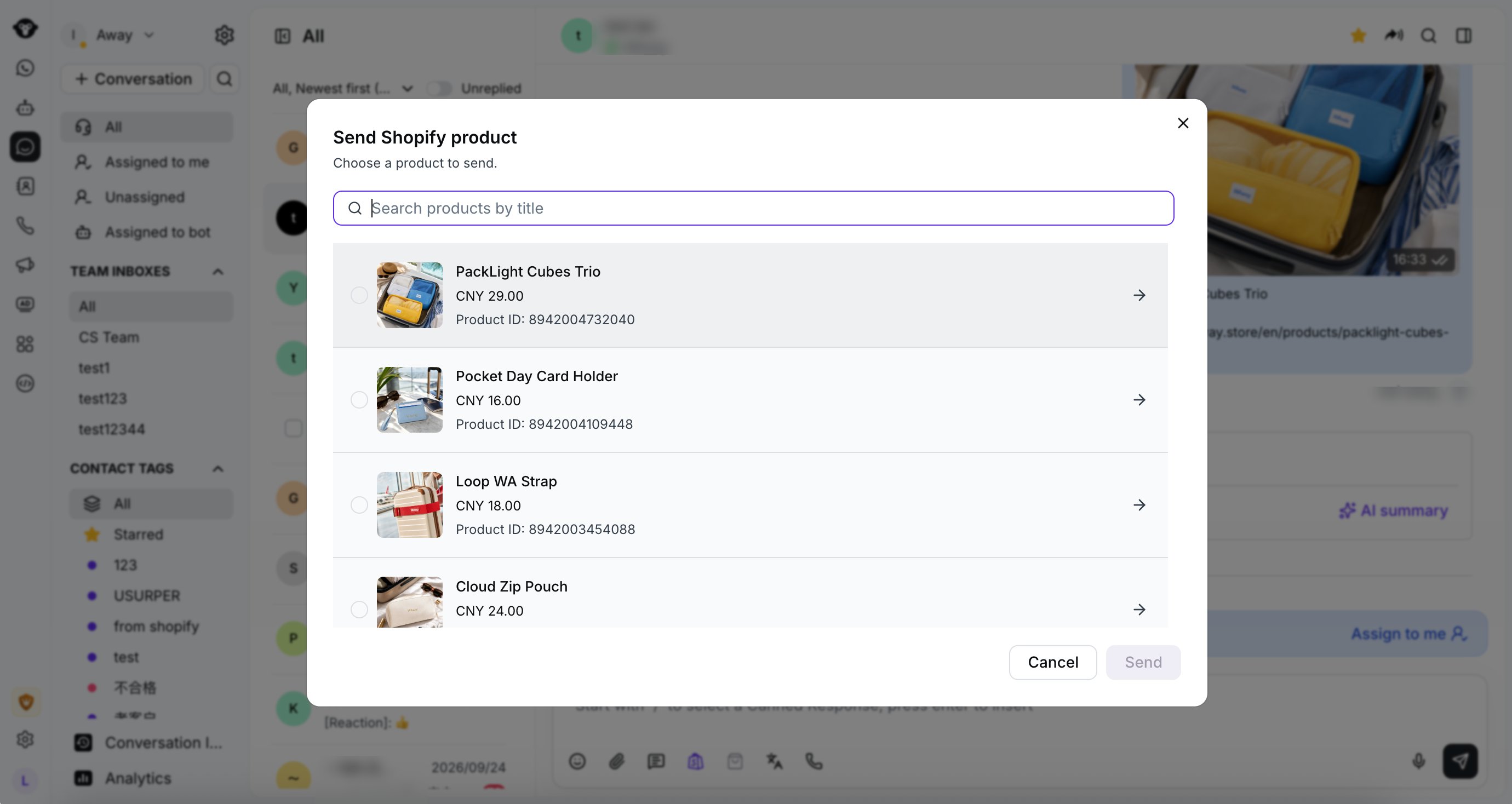 Selector de productos de Shopify con el campo de búsqueda por título