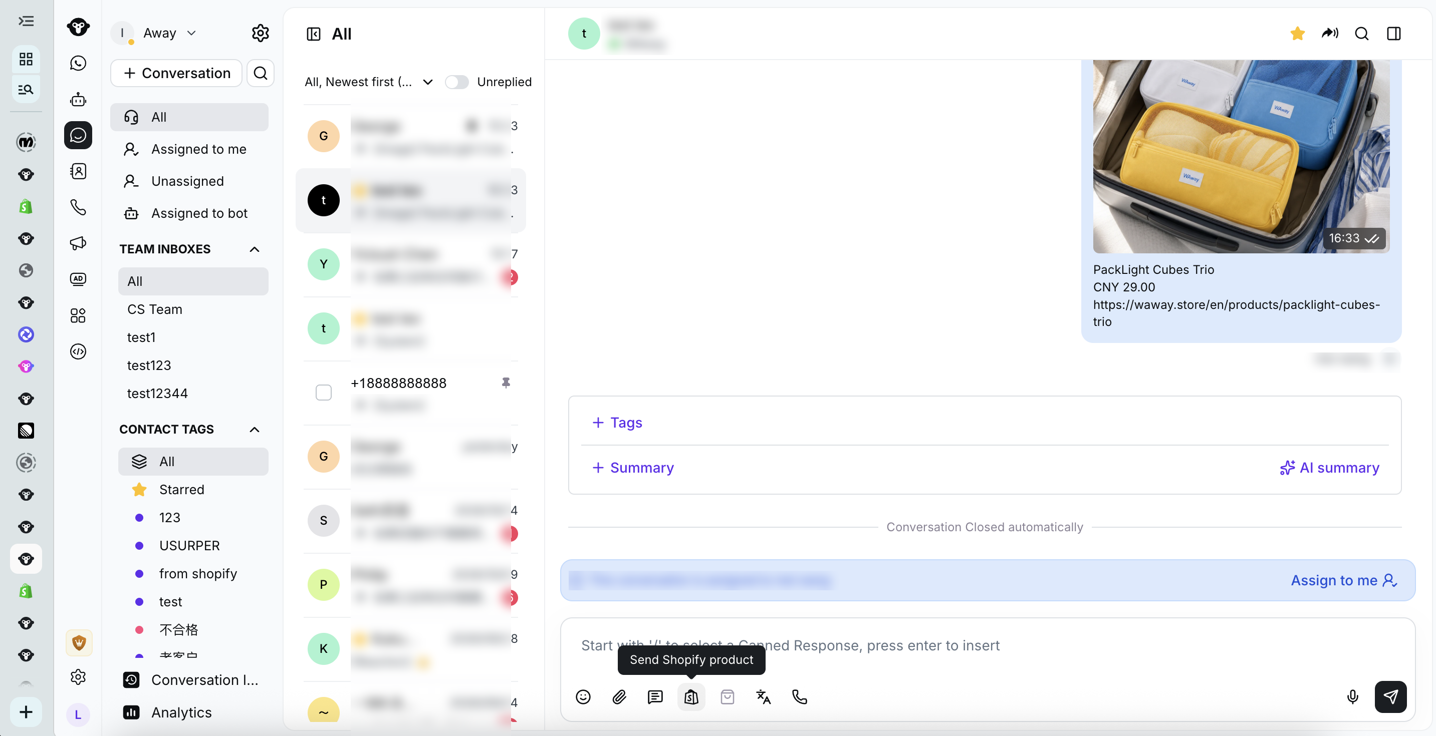 Icono para enviar productos de Shopify en el compositor de mensajes de Inbox