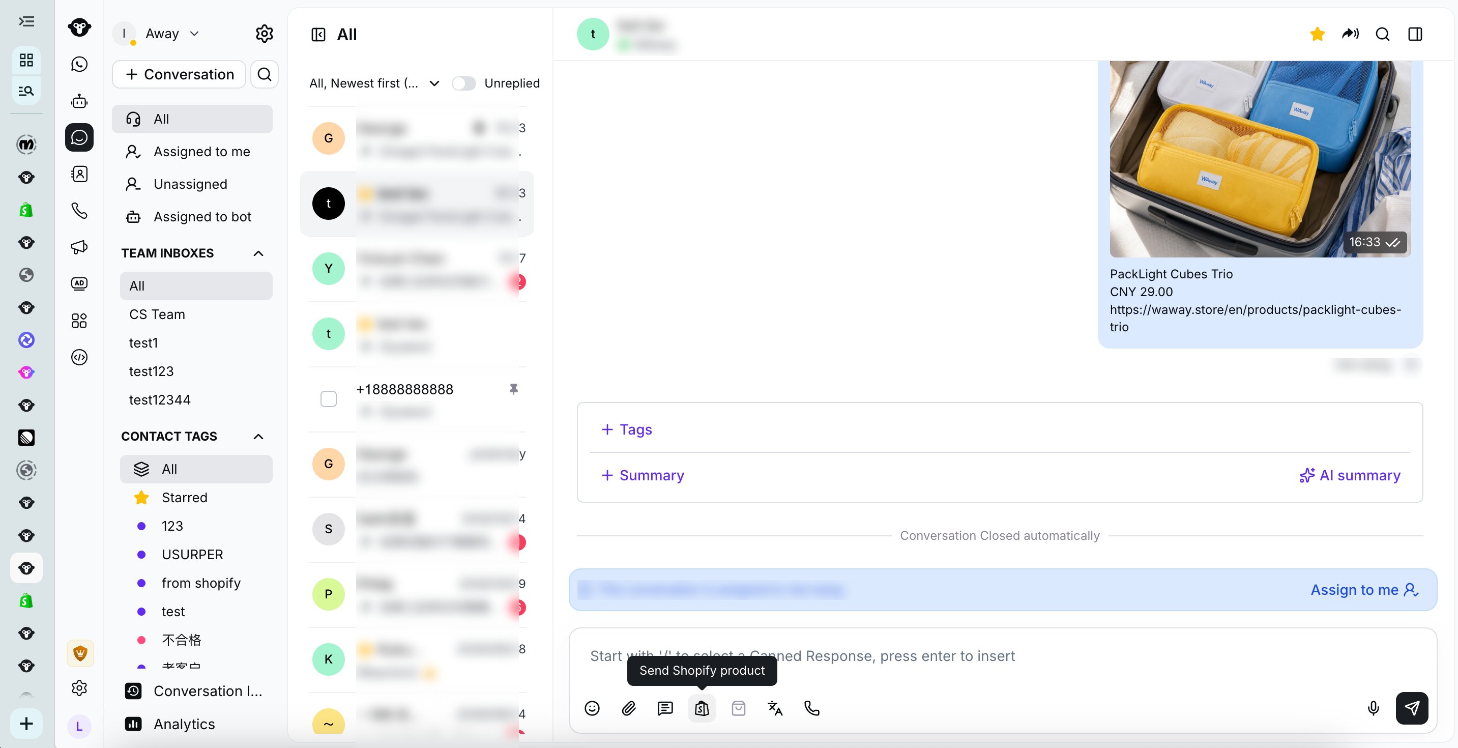 Icono para enviar productos de Shopify en el compositor de mensajes de Inbox
