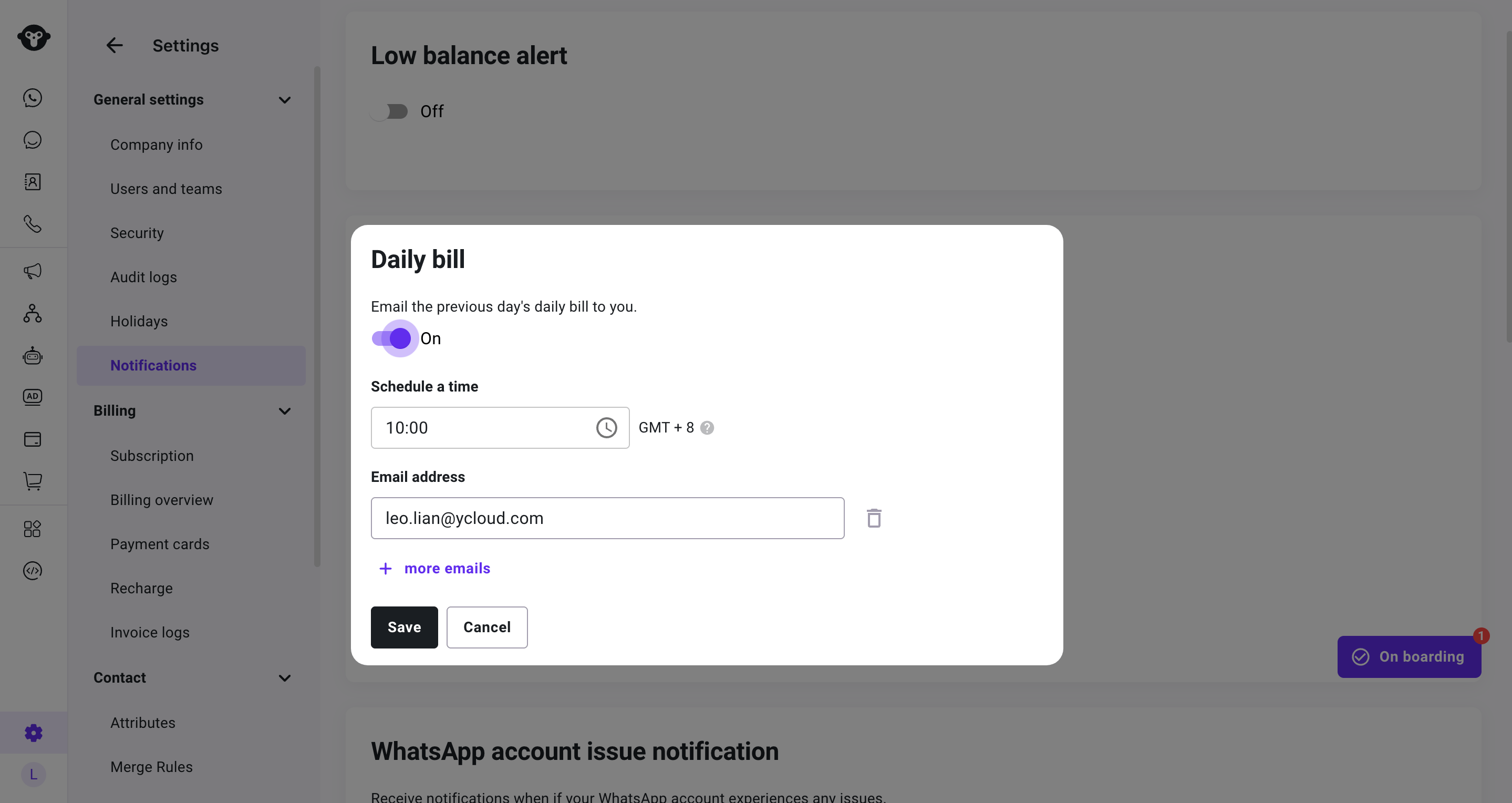 Cuadro de diálogo de factura diaria con un interruptor de notificación, hora de envío programada y campo de dirección de correo electrónico del destinatario