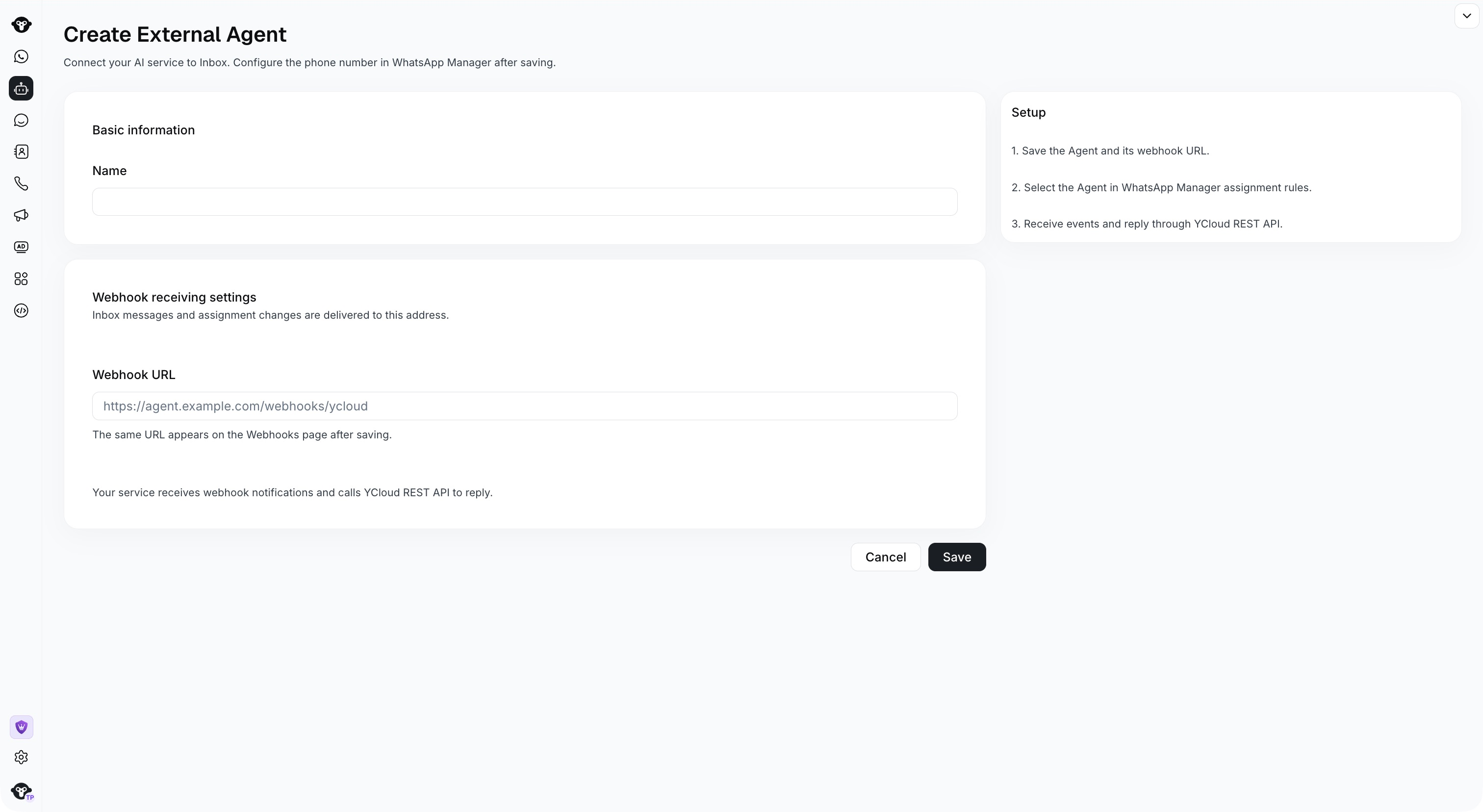 YCloud Create External Agent form with Name, Webhook URL, and Save controls.