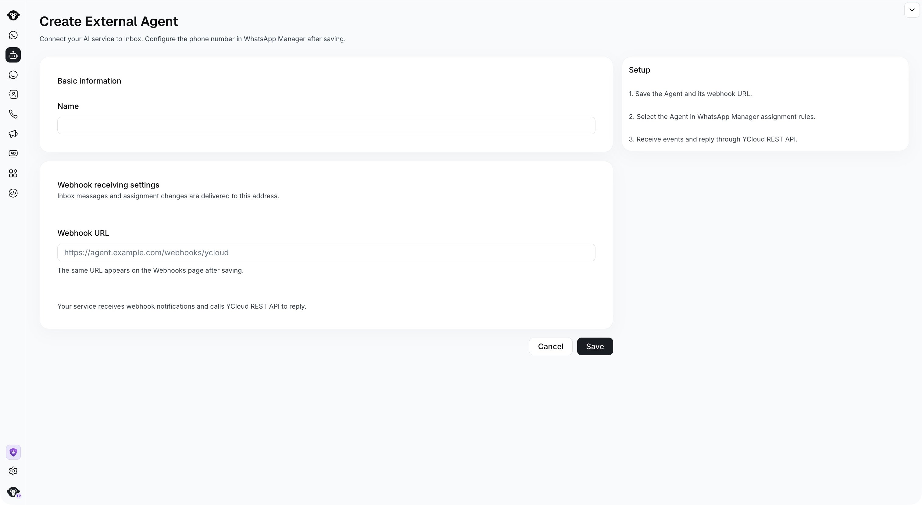 YCloud Create External Agent form with Name, Webhook URL, and Save controls.