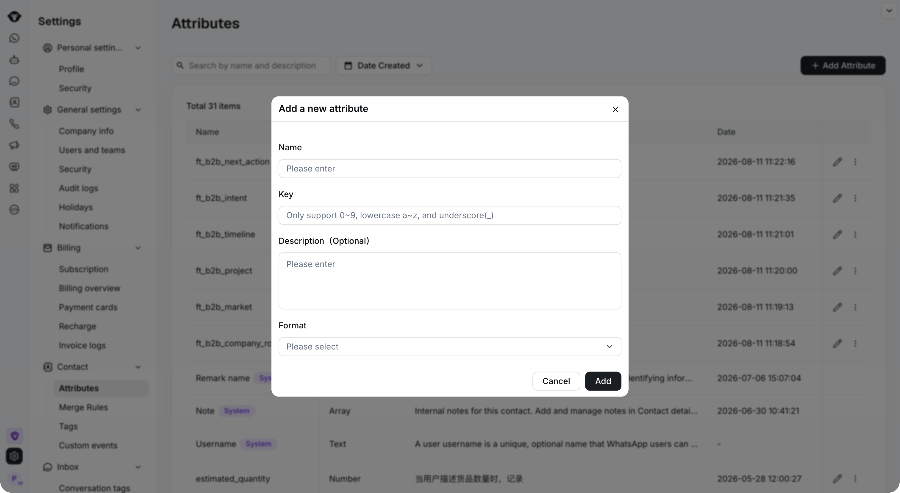 Create a contact attribute with Name, Key, Description, and Format.